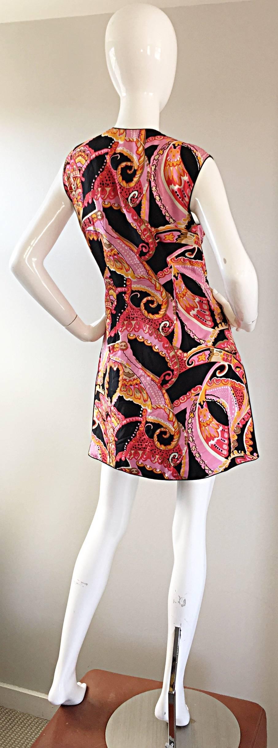 1960s 60s Psychedelic Asian Themed Colorful Mod Long Silk Vest or Mini Dress  1