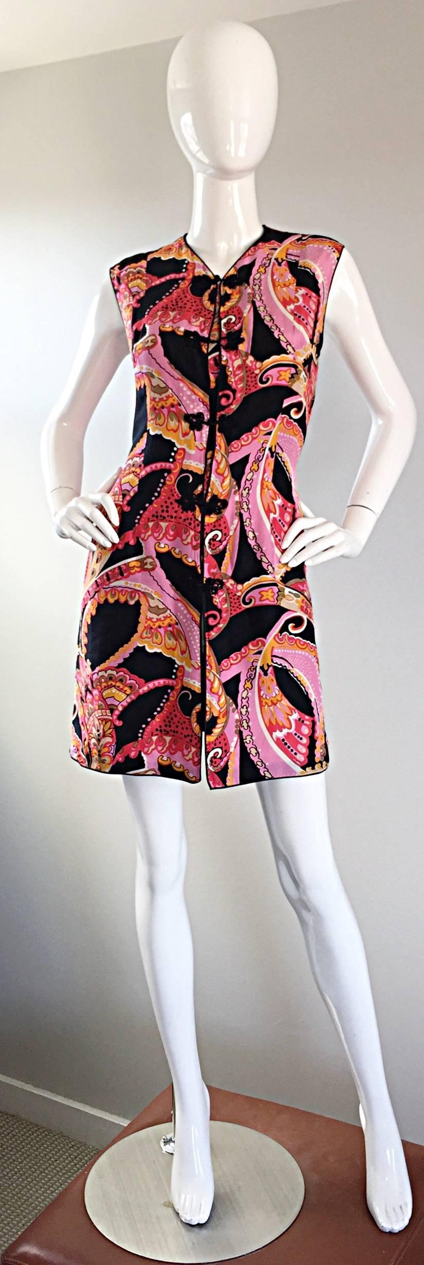 1960s 60s Psychedelic Asian Themed Colorful Mod Long Silk Vest or Mini Dress  5
