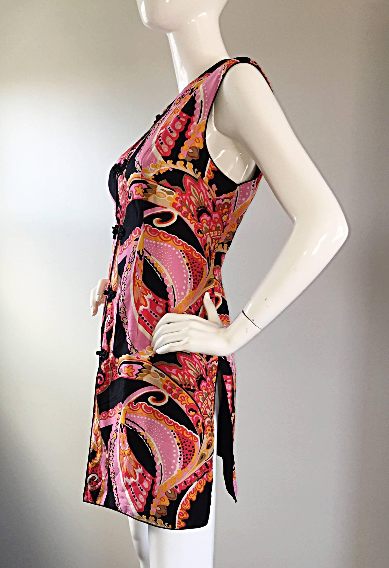 Women's 1960s 60s Psychedelic Asian Themed Colorful Mod Long Silk Vest or Mini Dress 
