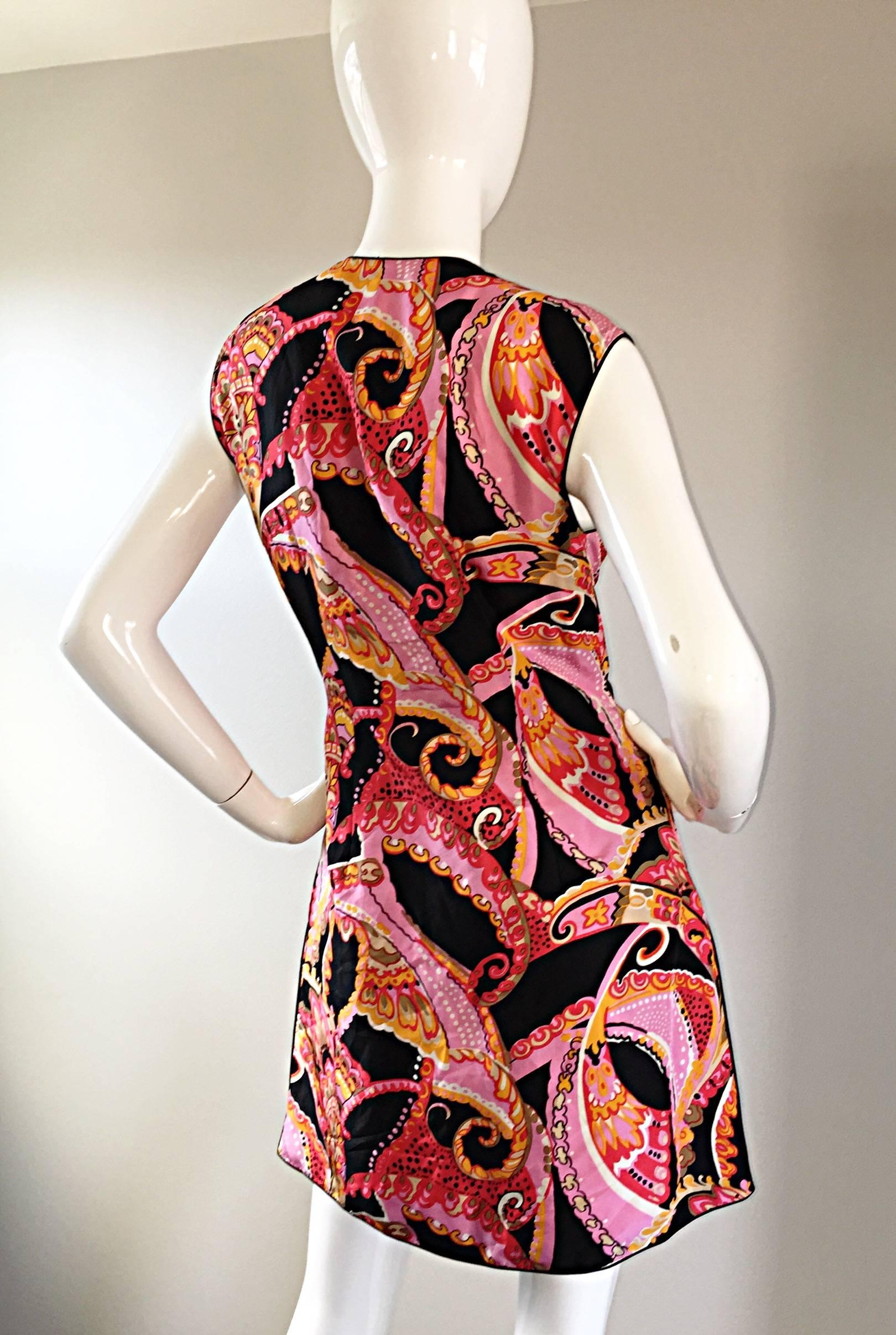 1960s 60s Psychedelic Asian Themed Colorful Mod Long Silk Vest or Mini Dress  3