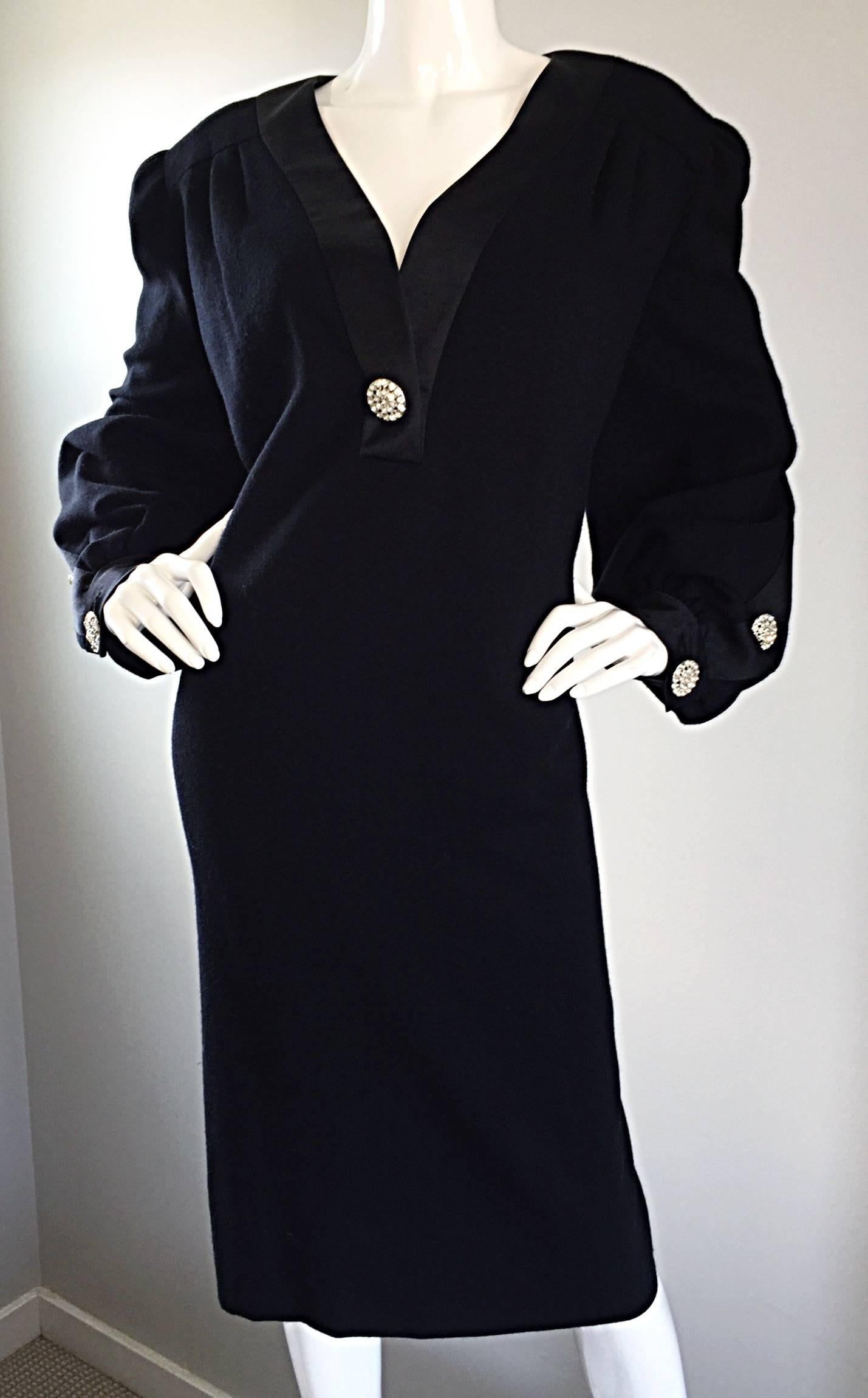 Vintage Extra Large Beautiful I. Magnin Little Black Dress w/ Rhinestone Buttons In Excellent Condition For Sale In San Diego, CA