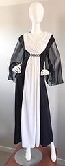 Amazing 1970s 70s Black and White Grecian Maxi Dress / Gown w/ Angel Sleeves