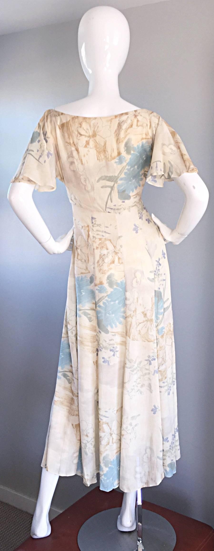 Gray Rare Vintage Marianne Novobatzky 1930s Style Cotton Voile Watercolor Midi Dress