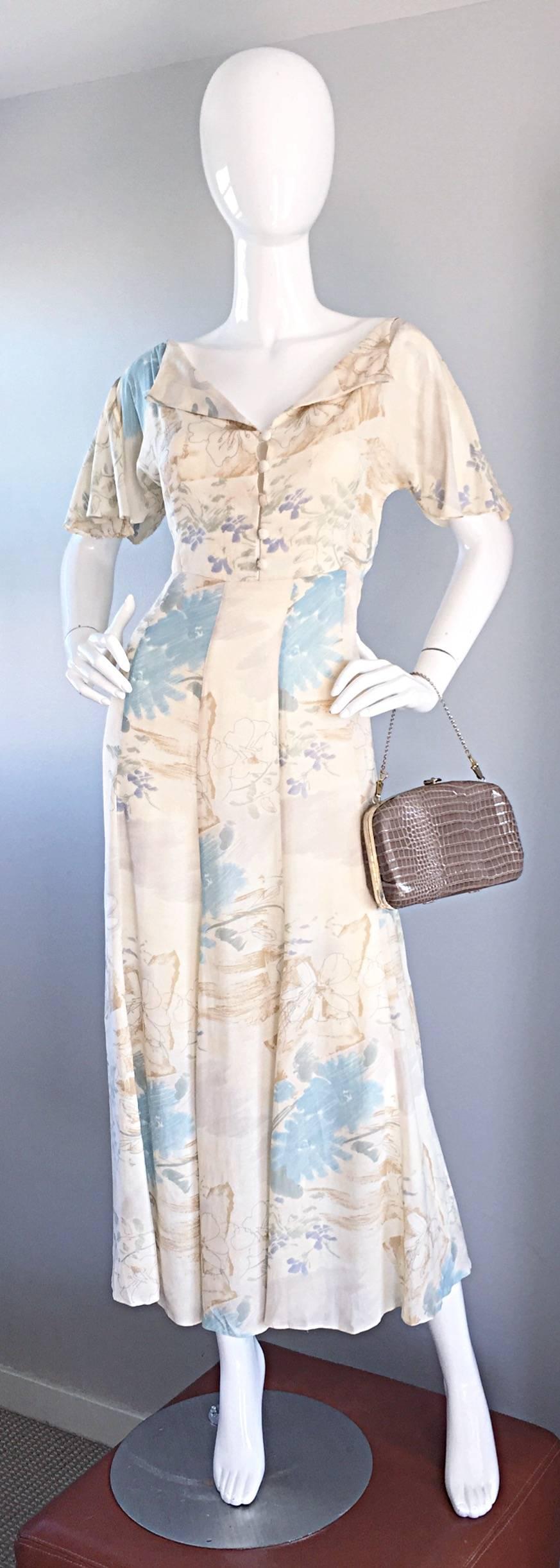 Rare Vintage Marianne Novobatzky 1930s Style Cotton Voile Watercolor Midi Dress 3