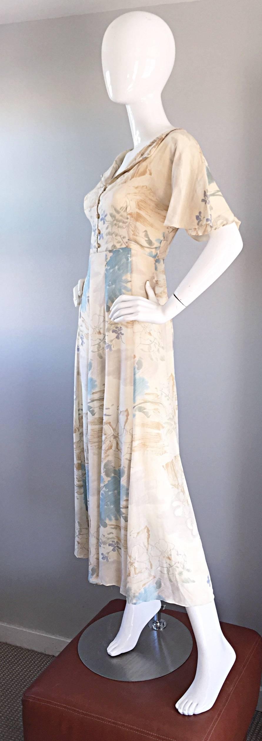 Women's Rare Vintage Marianne Novobatzky 1930s Style Cotton Voile Watercolor Midi Dress