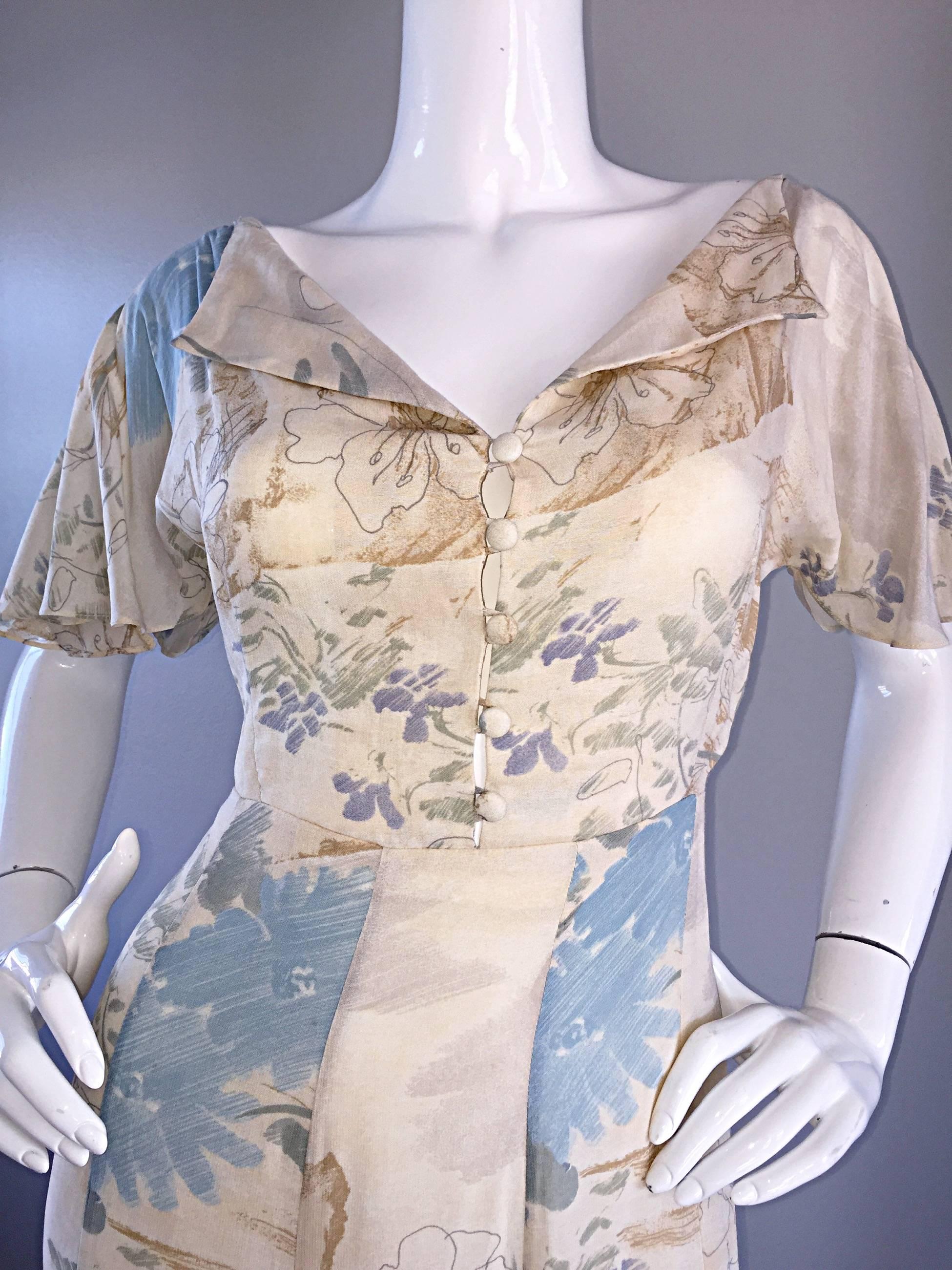 Rare Vintage Marianne Novobatzky 1930s Style Cotton Voile Watercolor Midi Dress 1