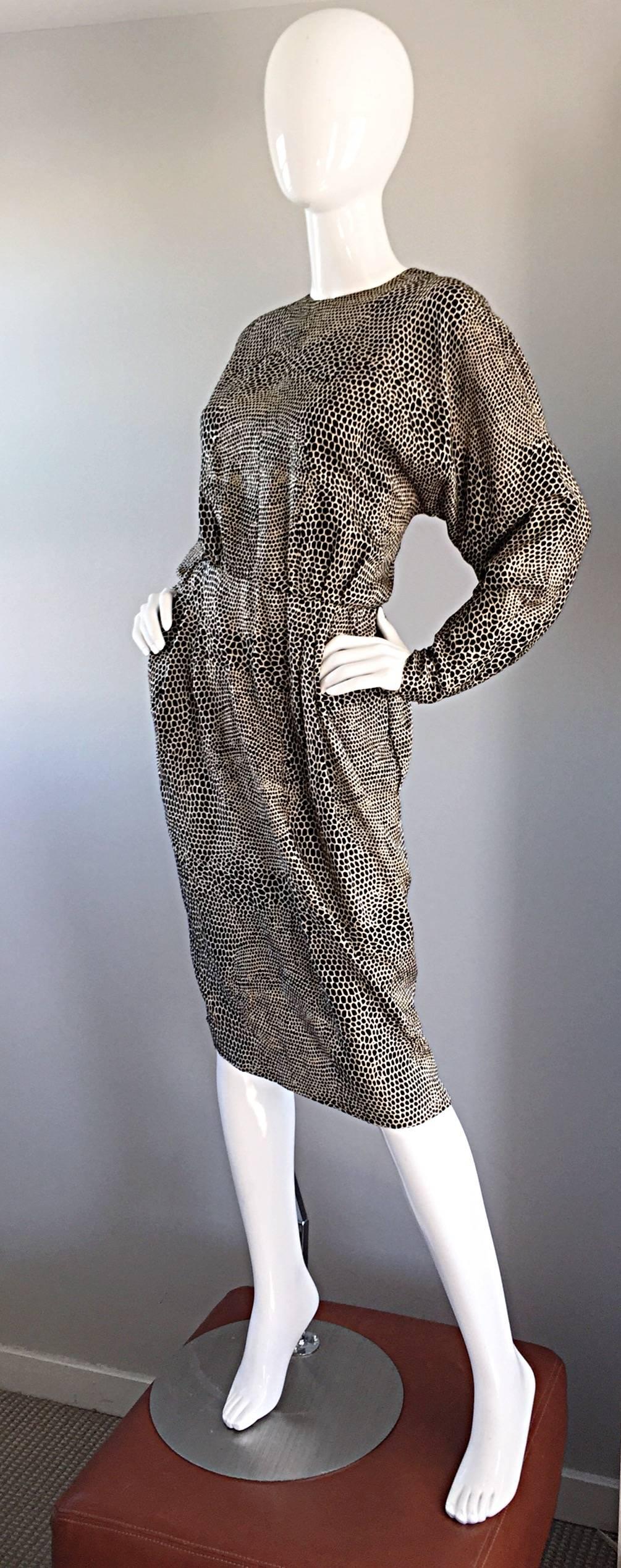 Adele Simpson for Neiman Marcus Vintage Lizard Print Black + Ivory Silk Dress 1