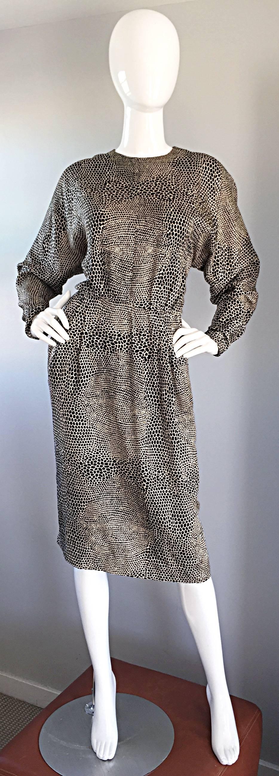 Adele Simpson for Neiman Marcus Vintage Lizard Print Black + Ivory Silk Dress 2