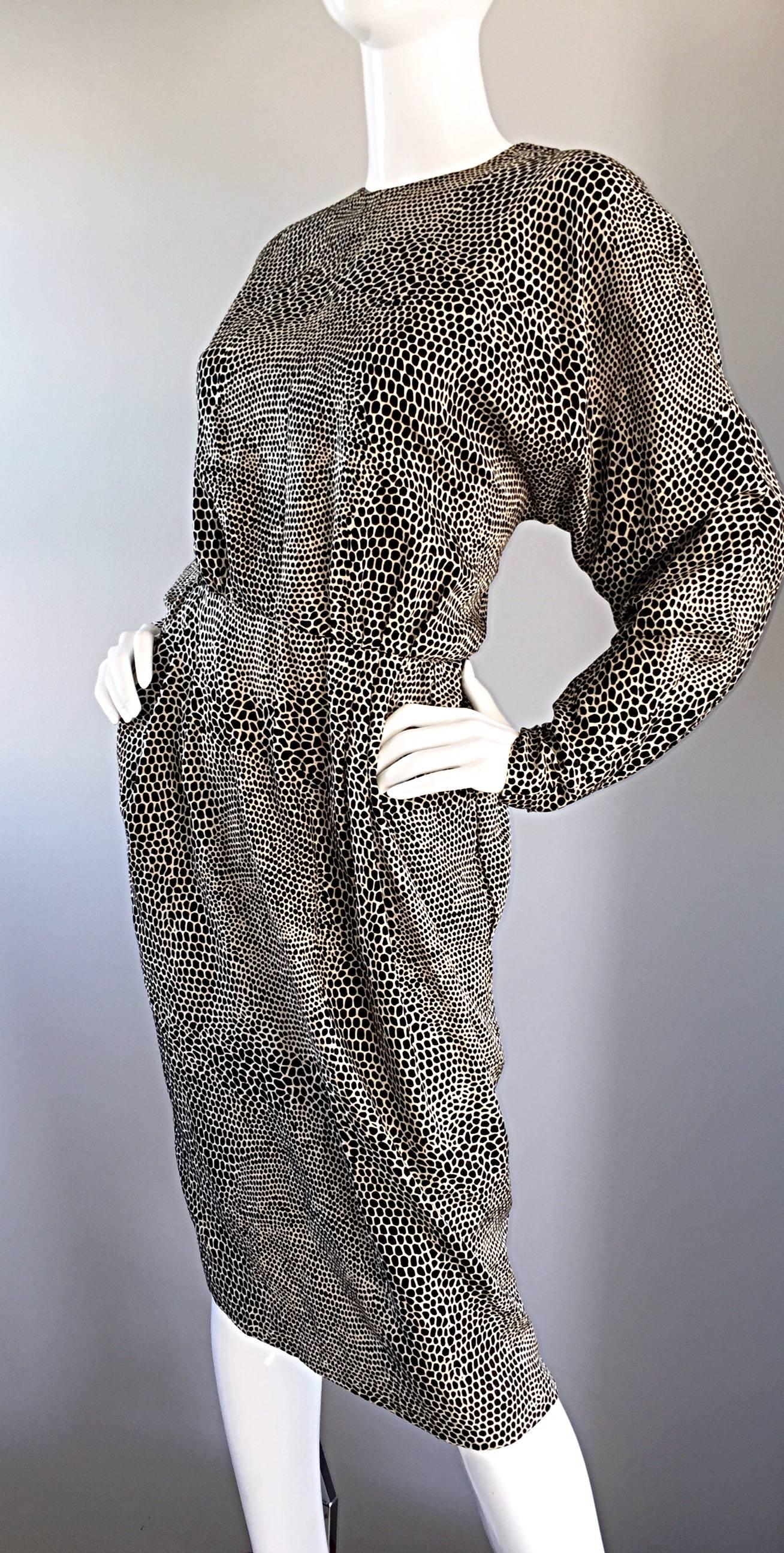 Women's Adele Simpson for Neiman Marcus Vintage Lizard Print Black + Ivory Silk Dress