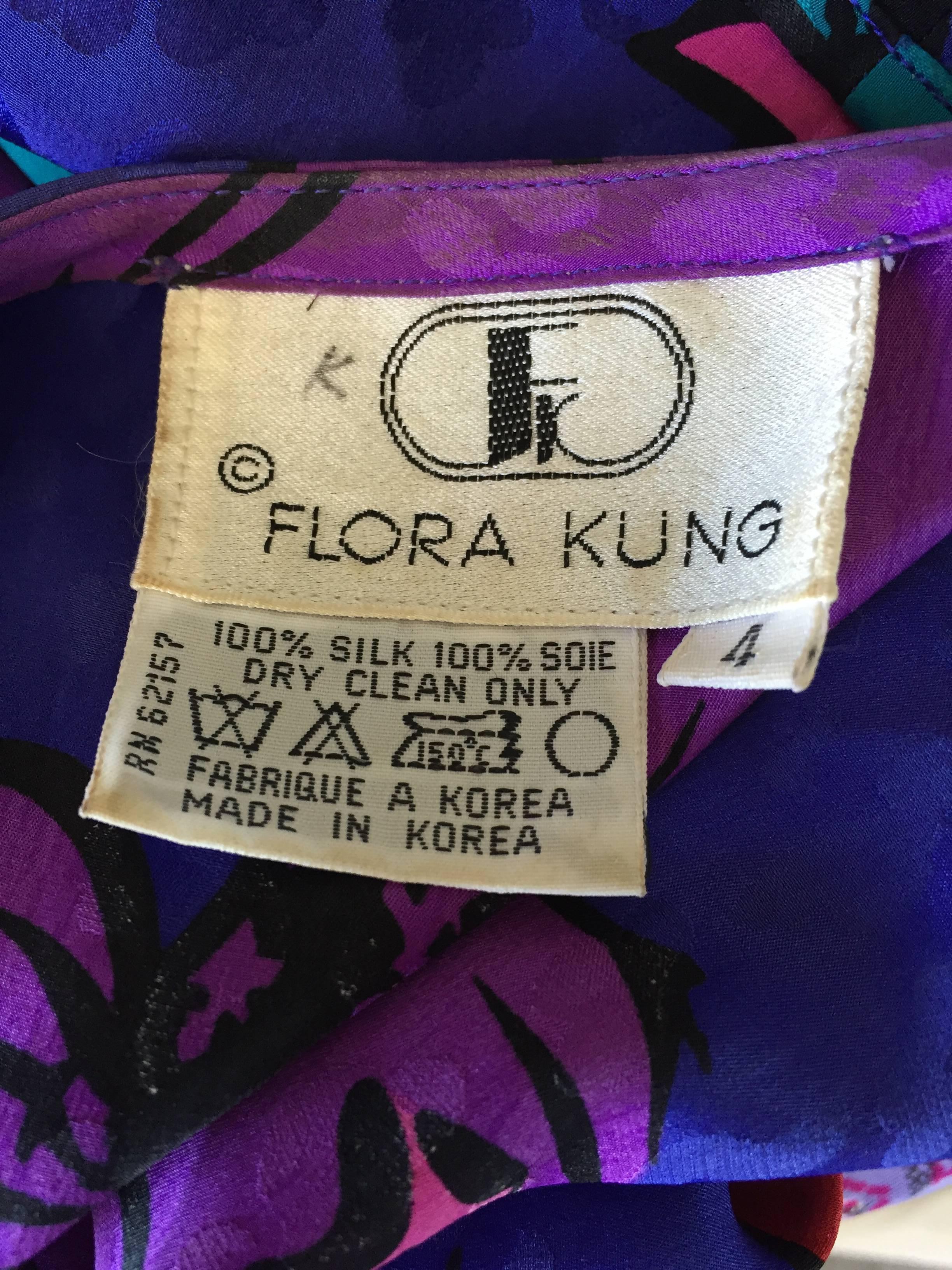 Vintage Flora Kung 1990s Purple Silk Colorful Tropical Kimono Style Wrap Dress  2