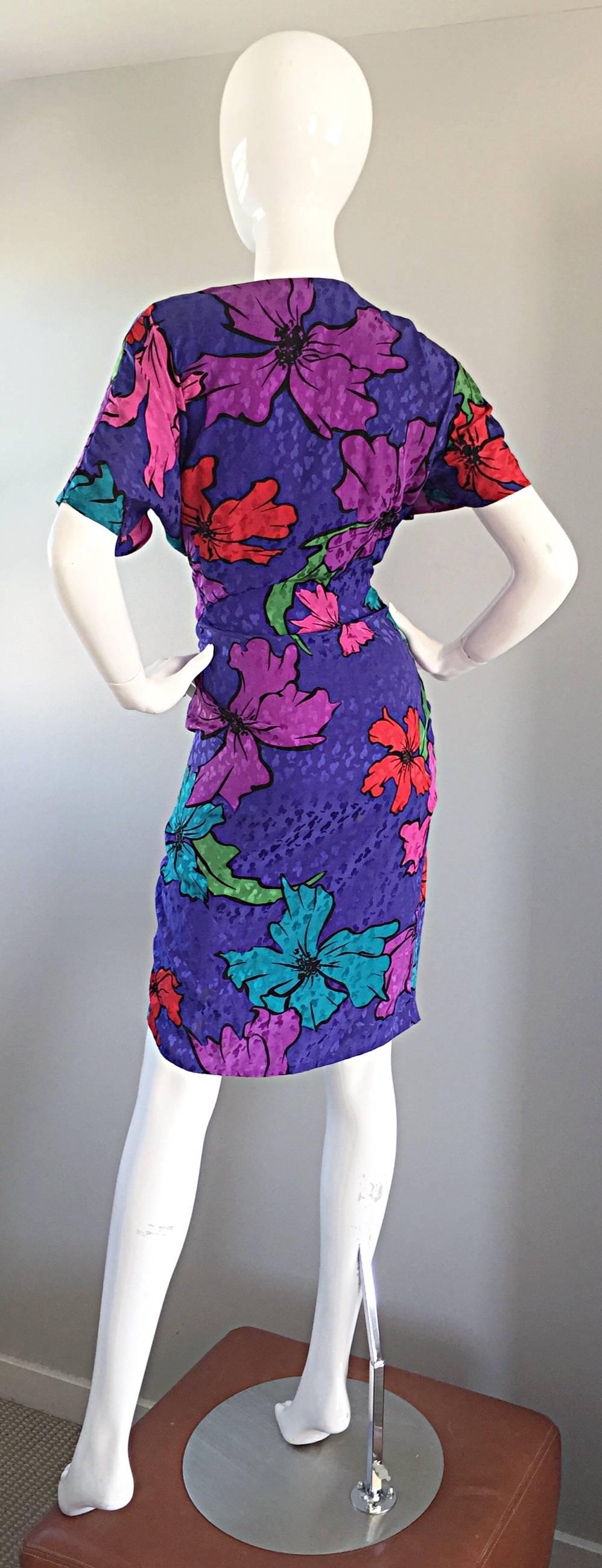 Women's Vintage Flora Kung 1990s Purple Silk Colorful Tropical Kimono Style Wrap Dress 