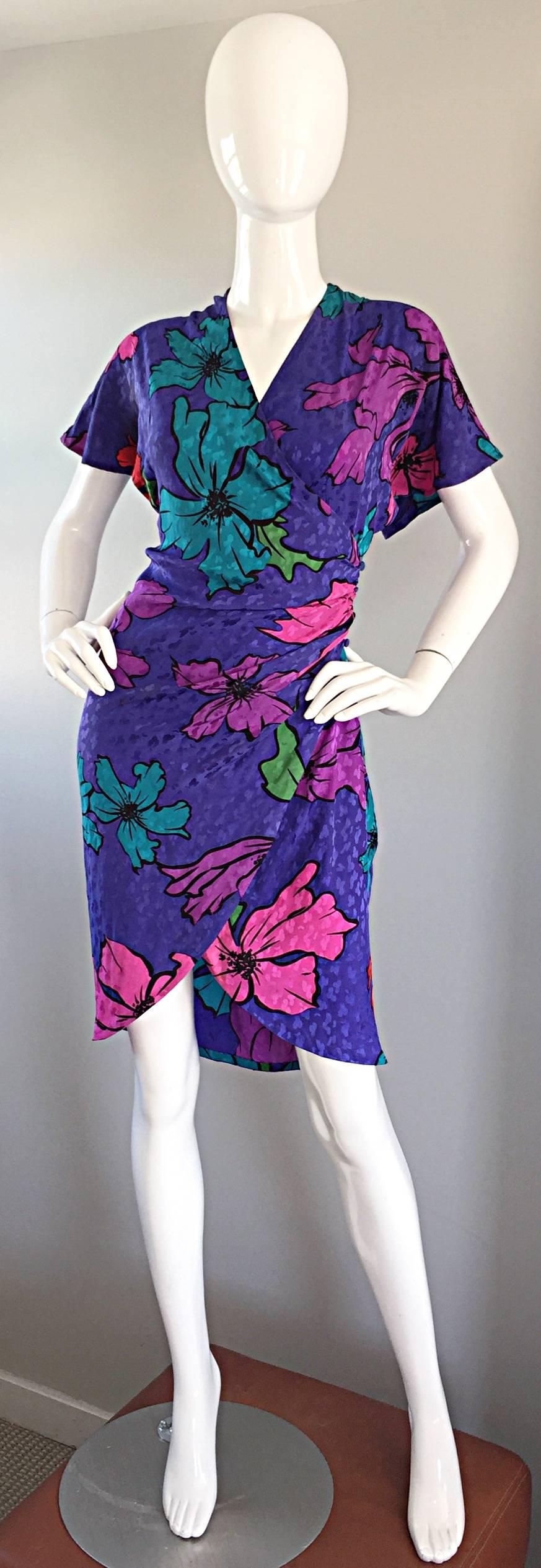 Vintage Flora Kung 1990s Purple Silk Colorful Tropical Kimono Style Wrap Dress  1