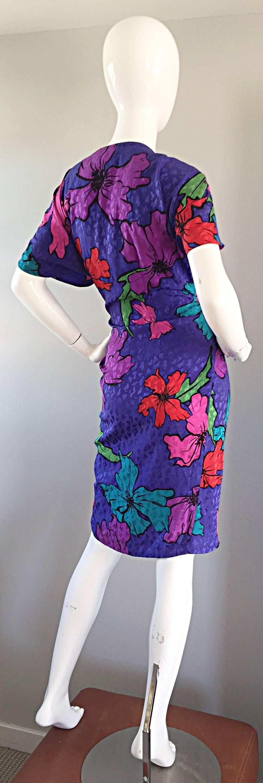 Vintage Flora Kung 1990s Purple Silk Colorful Tropical Kimono Style Wrap Dress  In Excellent Condition In San Diego, CA