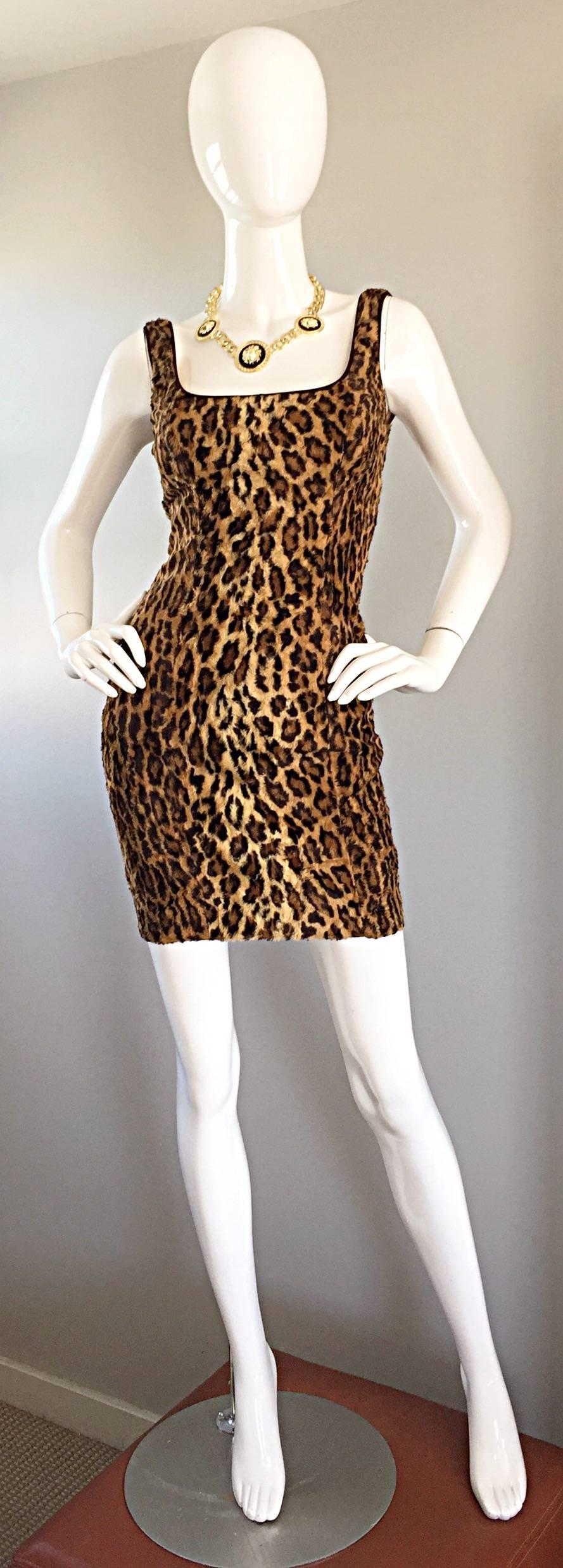 Sexy 1990s Tadashi Shoji Faux Fur Leopard BodyCon Cheetah Vintage 90s Dress 1