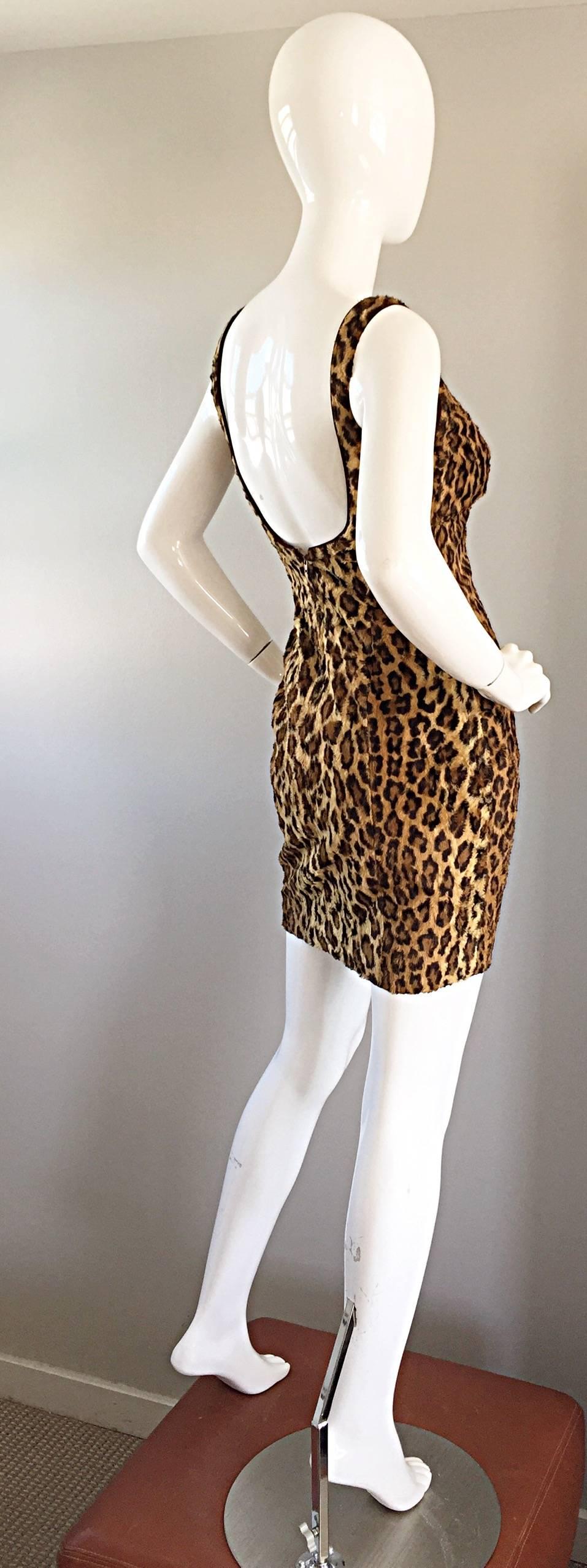 Sexy 1990s Tadashi Shoji Faux Fur Leopard BodyCon Cheetah Vintage 90s Dress In Excellent Condition In San Diego, CA