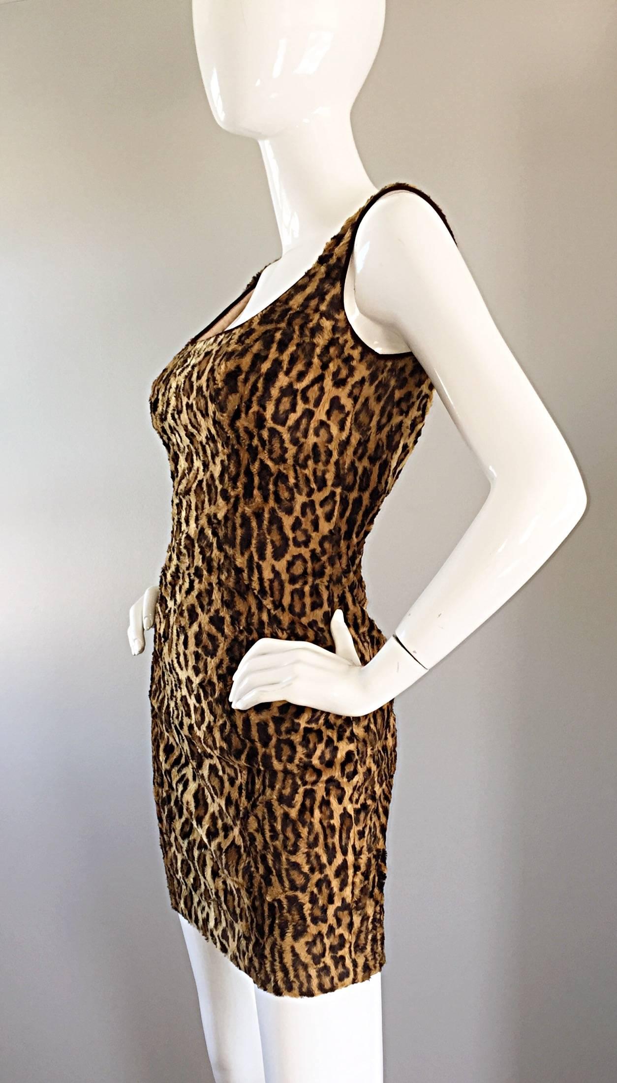 Brown Sexy 1990s Tadashi Shoji Faux Fur Leopard BodyCon Cheetah Vintage 90s Dress