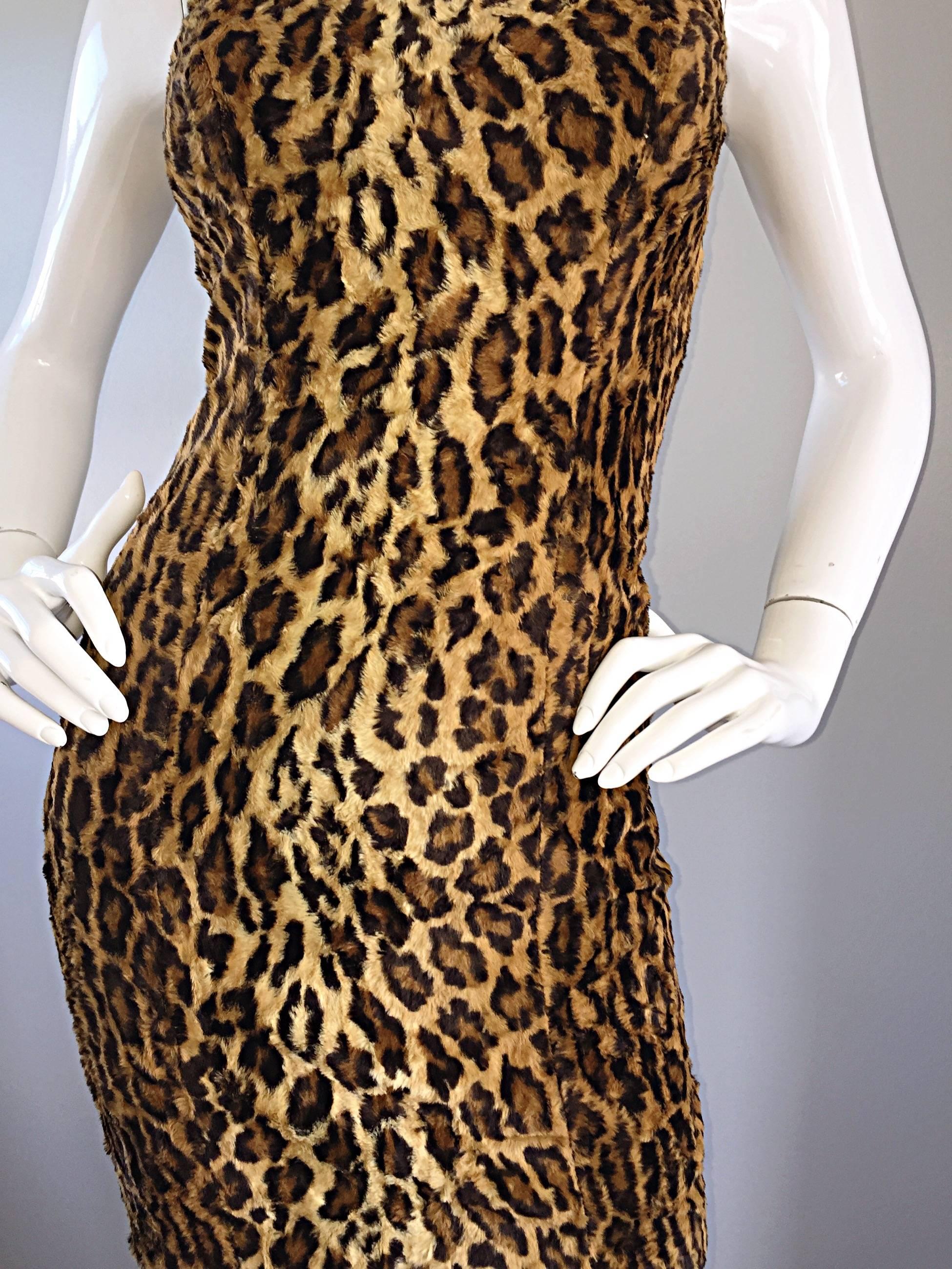 Women's or Men's Sexy 1990s Tadashi Shoji Faux Fur Leopard BodyCon Cheetah Vintage 90s Dress