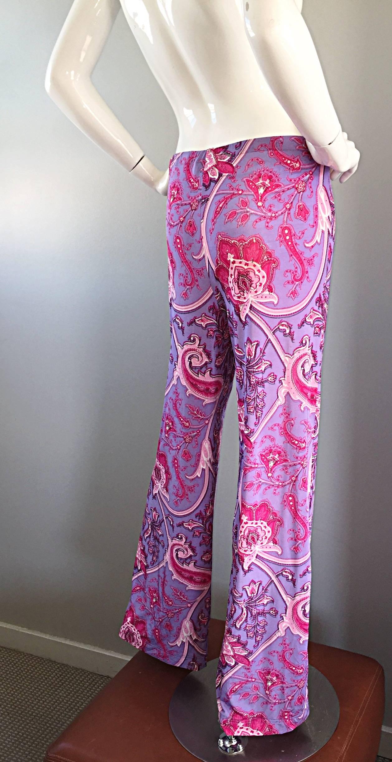 1990 Etro Purple Fuchsia Pink Paisley Vintage 90s Wide Leg Silk Palazzo Pants  en vente 1