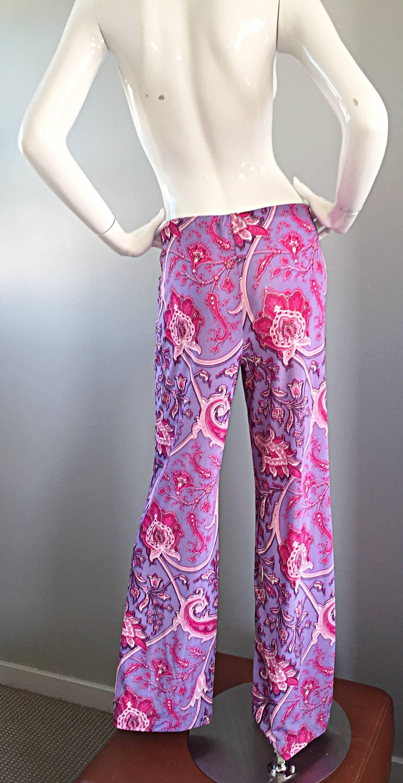 1990 Etro Purple Fuchsia Pink Paisley Vintage 90s Wide Leg Silk Palazzo Pants  en vente 2