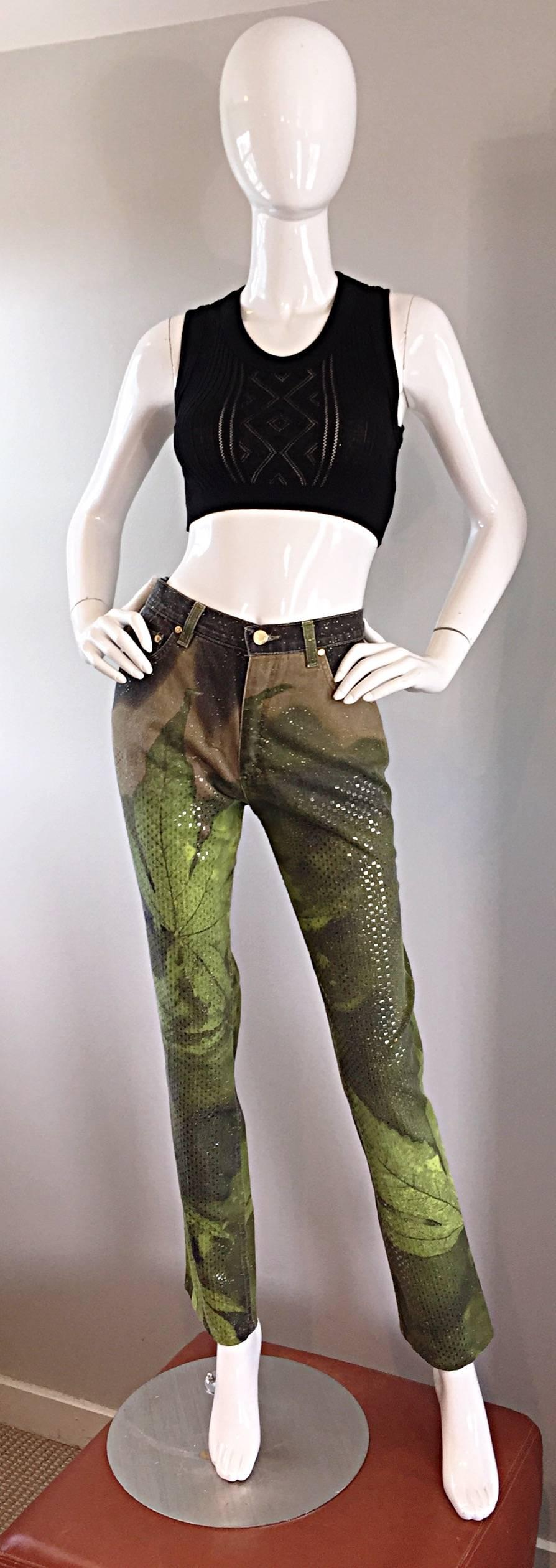 Amazing 90s ROBERTO CAVALLI 'Pot Leaves' sequin jeans! Flattering, and in fashion high waisted fit, with a slip tapered leg. Wonderful timeless flattering fit, with an awesome print! Just in time for 420! Pockets at both sides of waist,and two rear