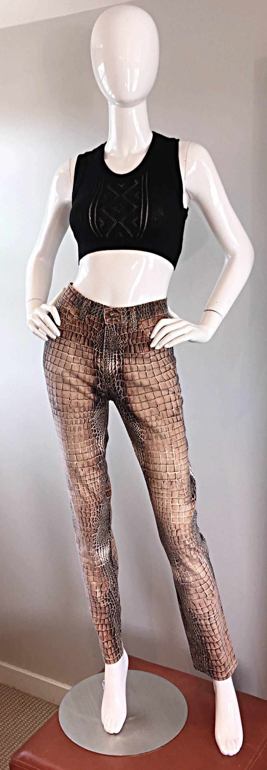 Knock em' dead in these rare early 90s ROBERTO CAVALLI crocodile/alligator printed high waisted skinny trousers! Features an all over print, with a 3-D effect that is quite slimming. Flattering tailored fit, that is especially flattering to the bum!