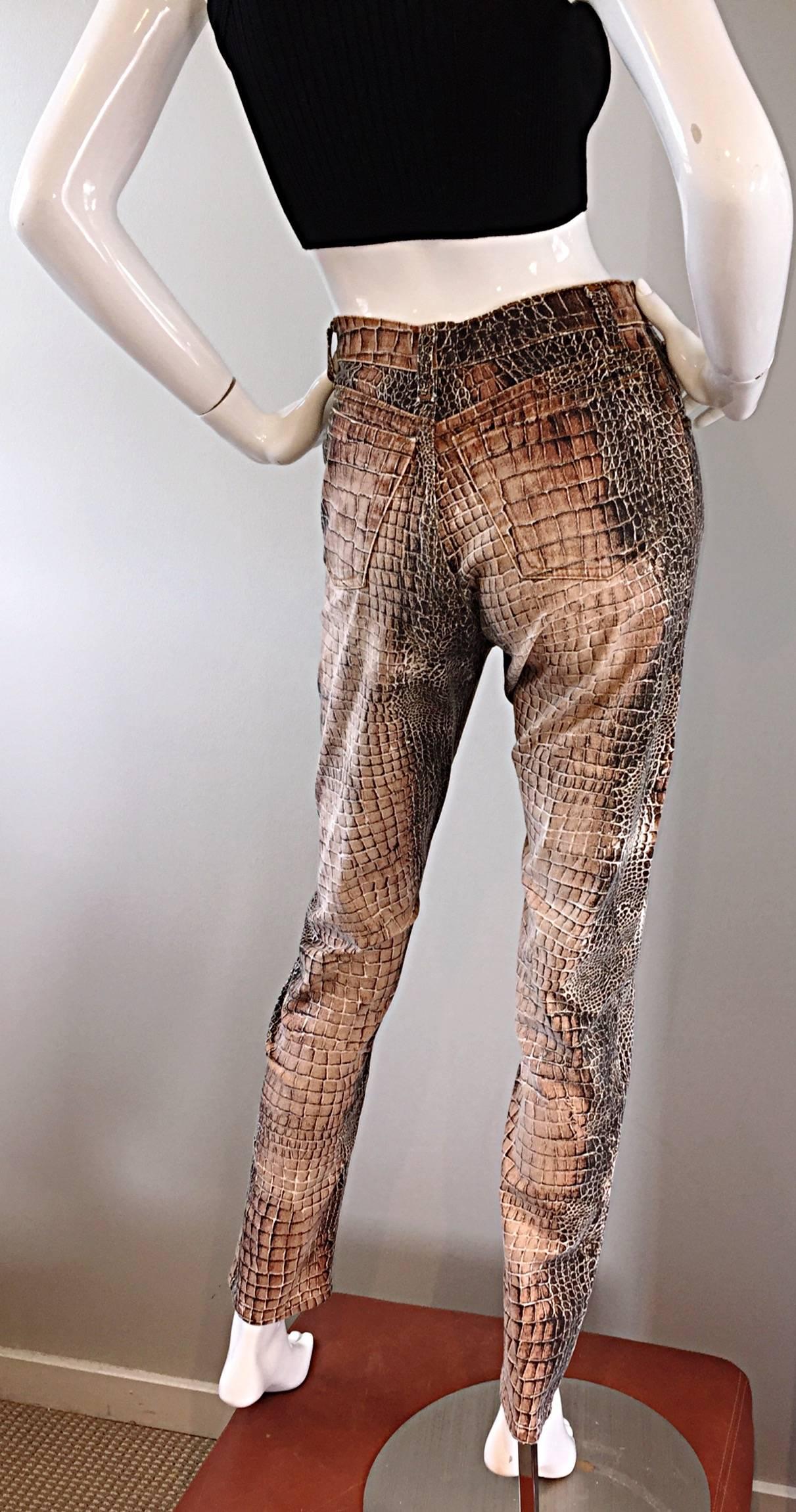 Vintage Roberto Cavalli 1990s Alligator Reptile Print High Waisted Skinny Jeans In Excellent Condition In San Diego, CA