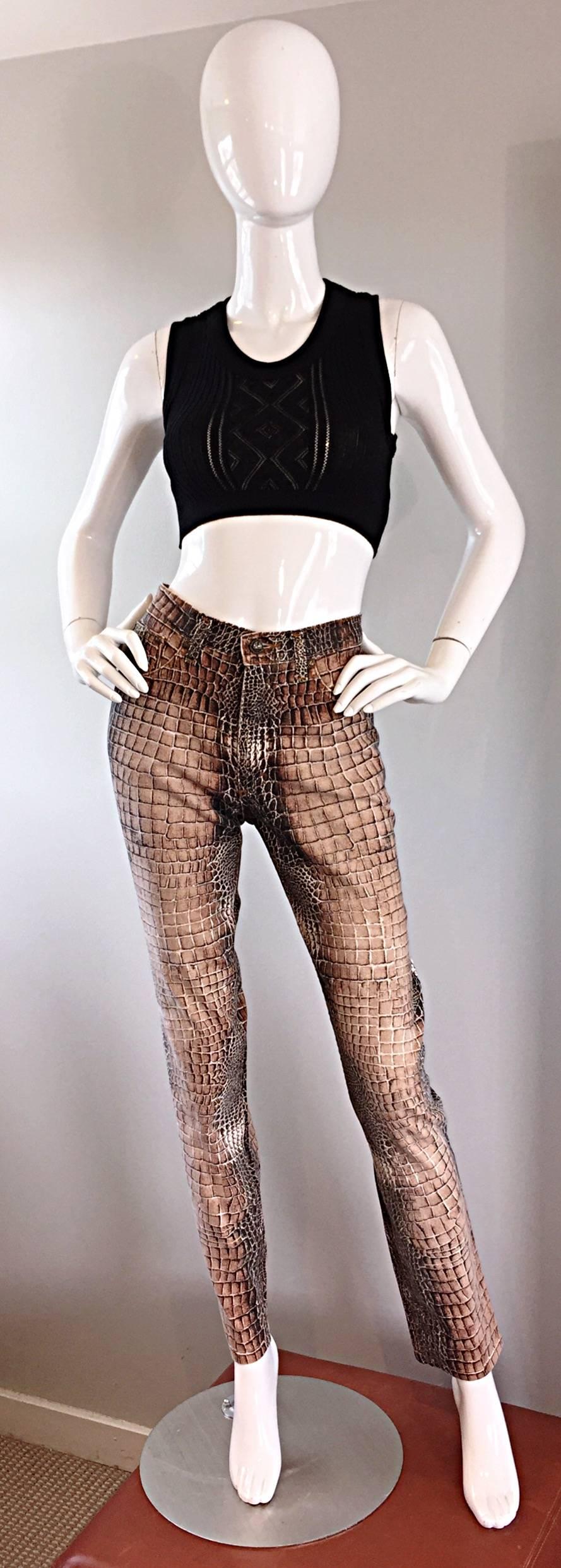 Vintage Roberto Cavalli 1990s Alligator Reptile Print High Waisted Skinny Jeans For Sale 1