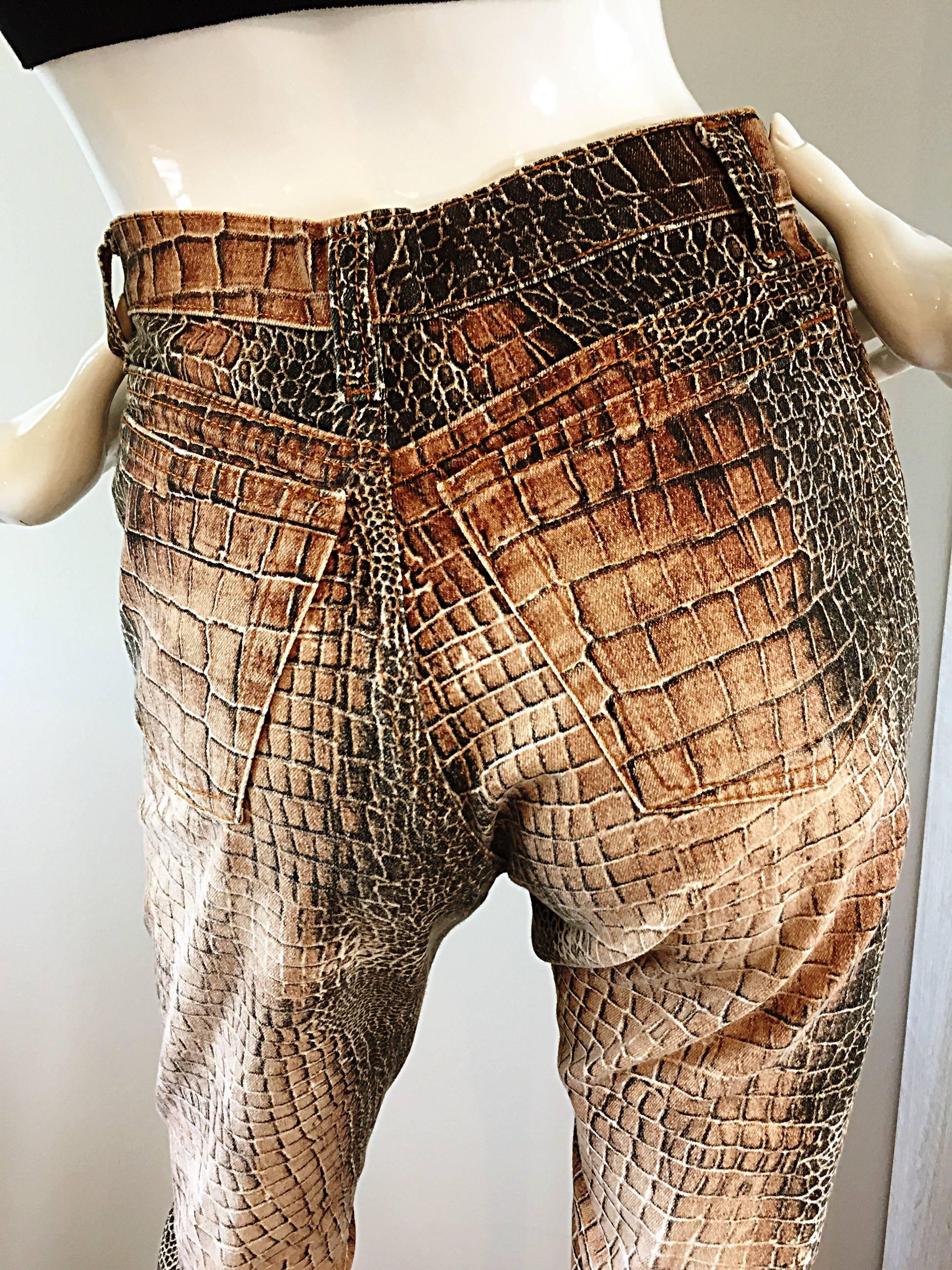 Women's or Men's Vintage Roberto Cavalli 1990s Alligator Reptile Print High Waisted Skinny Jeans