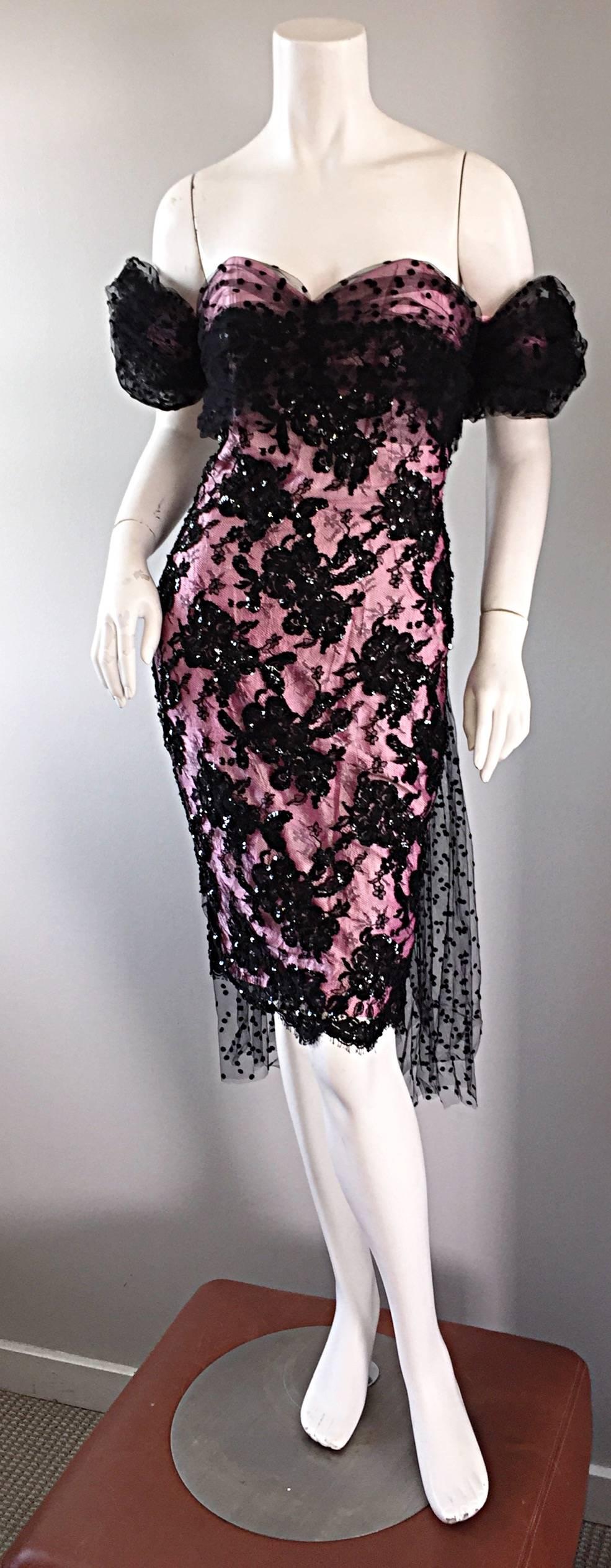 Amazing vintage LILLIE RUBIN pink and black silk wiggle dress! Features a pink strapless dress, with an all over black French lace overlay, encrusted with hundreds of hand-sewn black sequins. Black tulle cover the off-shoulder sleeves and bust, and
