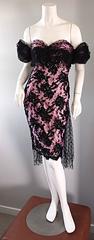 Lillie Rubin Vintage Pink and Black Silk Lace Sequin Dress w/ Tulle Train