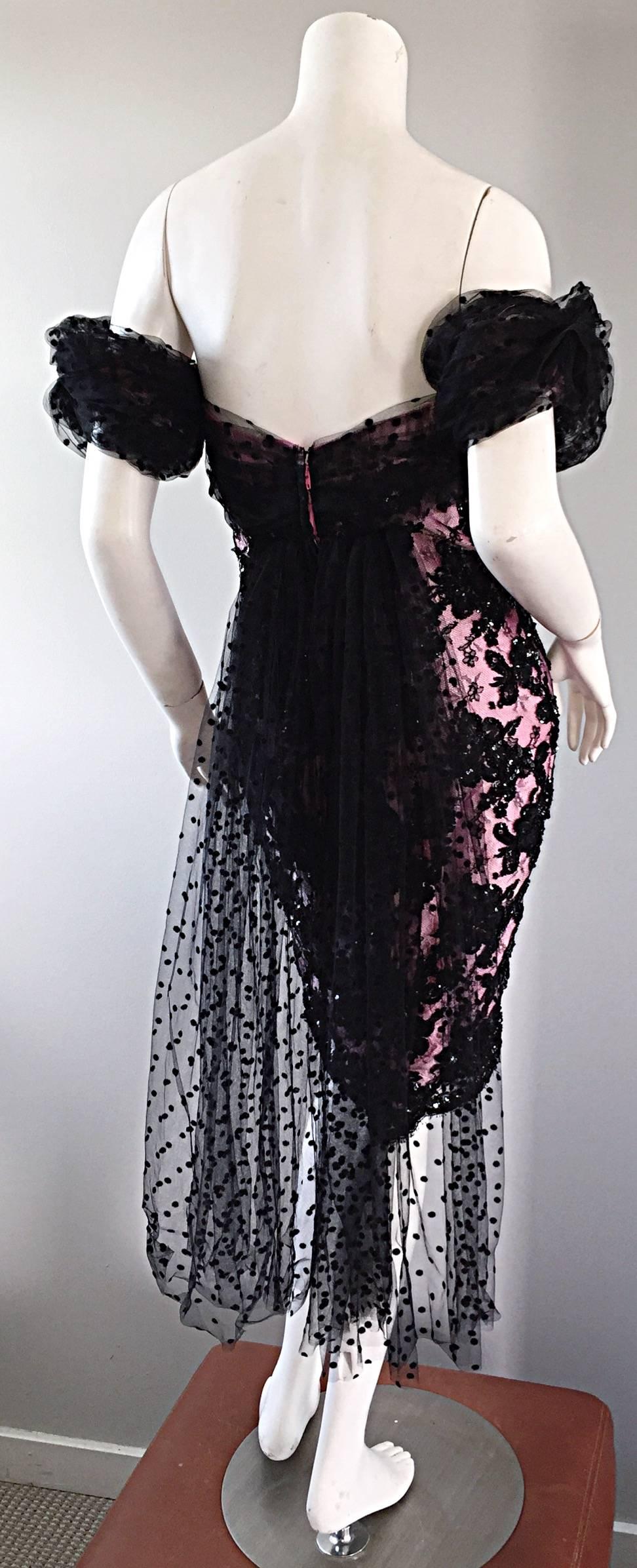 Women's Lillie Rubin Vintage Pink and Black Silk Lace Sequin Dress w/ Tulle Train  For Sale