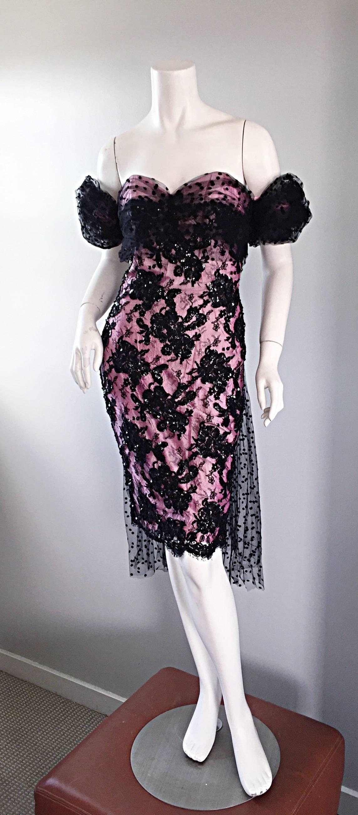 Lillie Rubin Vintage Pink and Black Silk Lace Sequin Dress w/ Tulle Train  For Sale 2