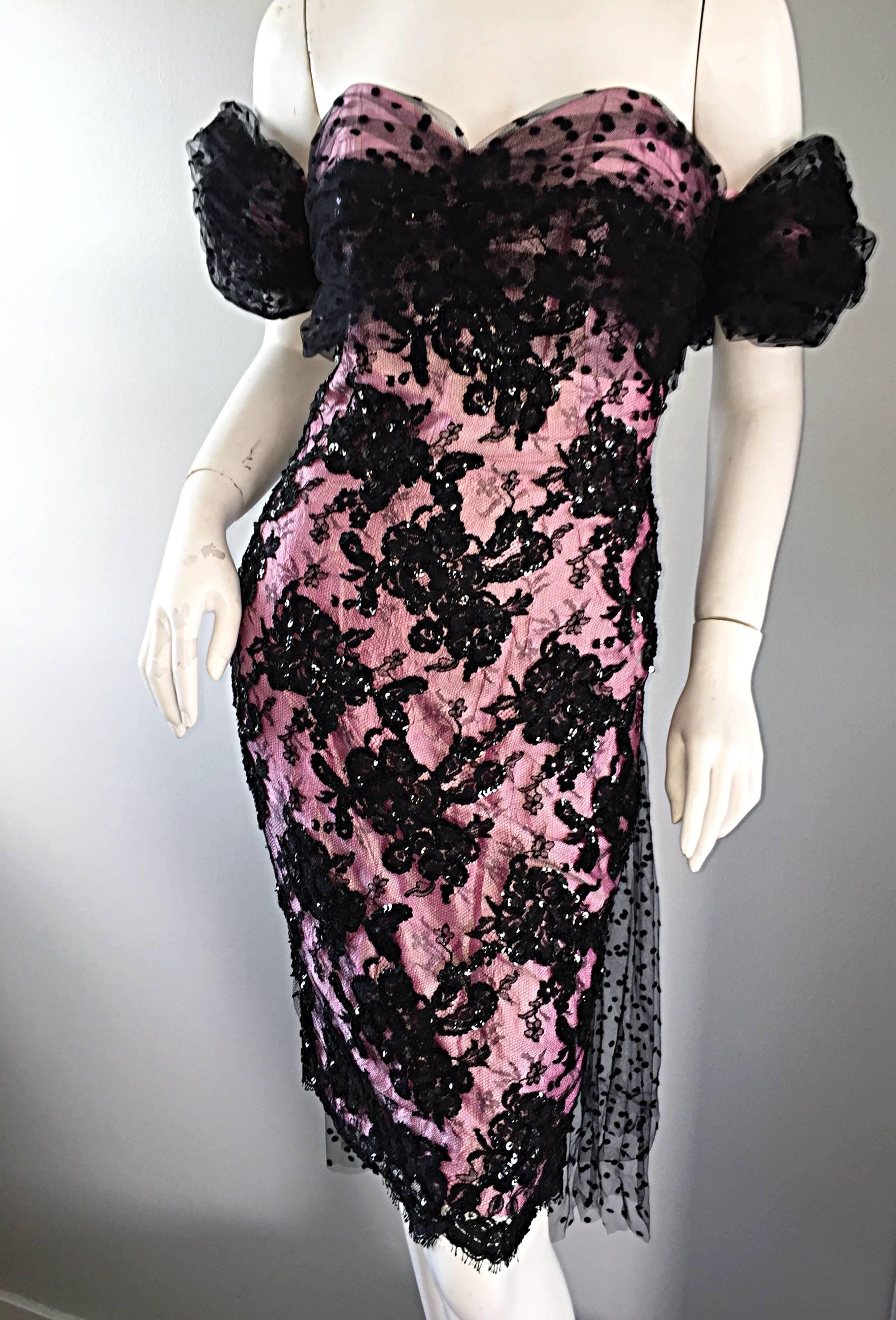 Lillie Rubin Vintage Pink and Black Silk Lace Sequin Dress w/ Tulle Train  For Sale 1