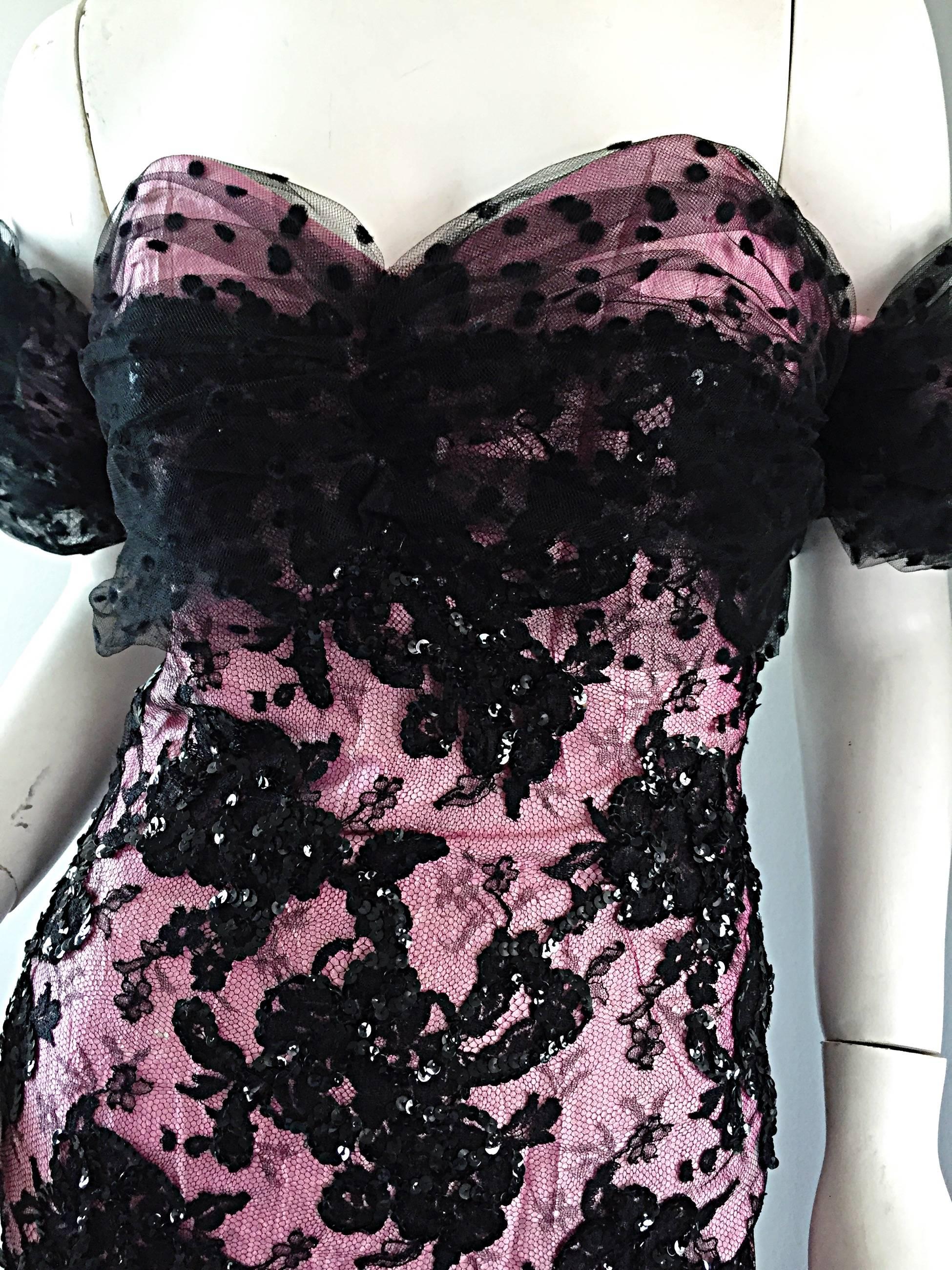 Lillie Rubin Vintage Pink and Black Silk Lace Sequin Dress w/ Tulle Train In Excellent Condition For Sale In San Diego, CA