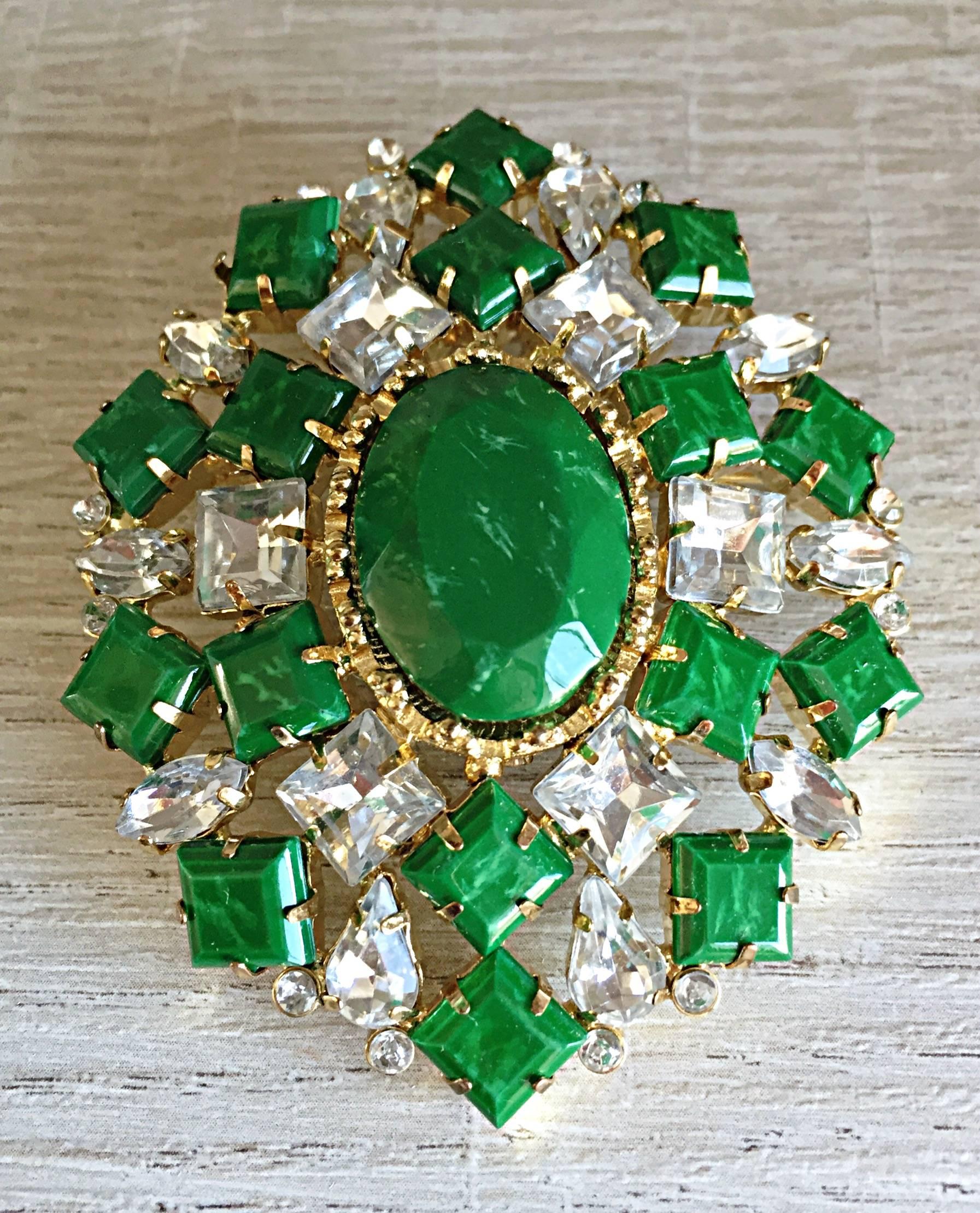 Women's Gorgeous Vintage Arnold Scaasi 1960s Emerald Green Rhinestone Large Brooch Pin 