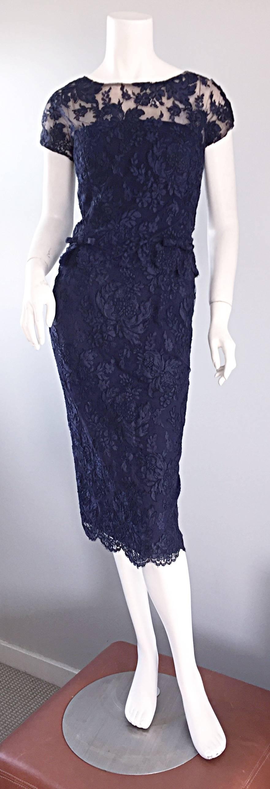 Beautiful 1960s Malcolm Starr Navy Blue Lace Vintage Wiggle Dress & Crop Top For Sale 1