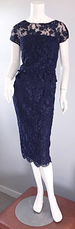 Insanely beautiful 60s MALCOLM STARR blue silk lace wiggle dress AND matching crop top! Dress features a darted navy blue silk crepe bodice, with nude straps (which can also be tucked in for a strapless look). Nipped wasp waist, with a scalloped