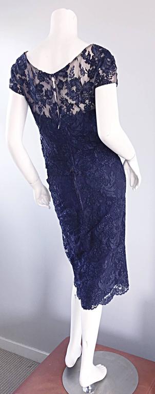 Beautiful 1960s Malcolm Starr Navy Blue Lace Vintage Wiggle Dress & Crop Top For Sale 2