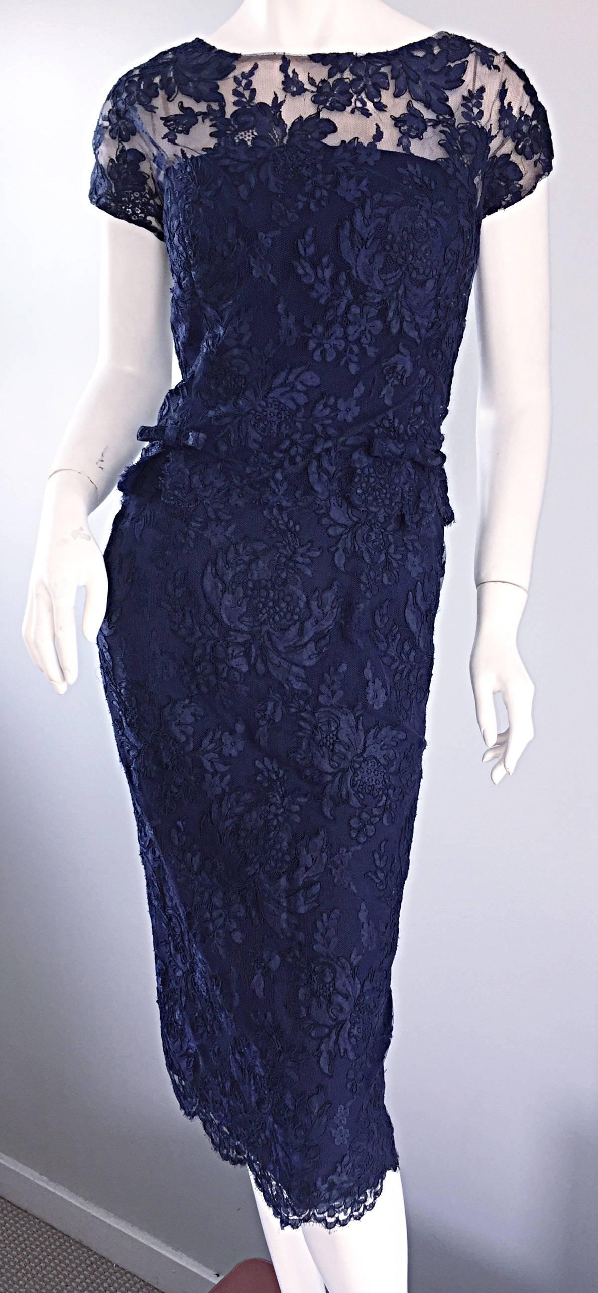 Women's Beautiful 1960s Malcolm Starr Navy Blue Lace Vintage Wiggle Dress & Crop Top For Sale