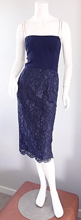 Women's Beautiful 1960s Malcolm Starr Navy Blue Lace Vintage Wiggle Dress & Crop Top For Sale