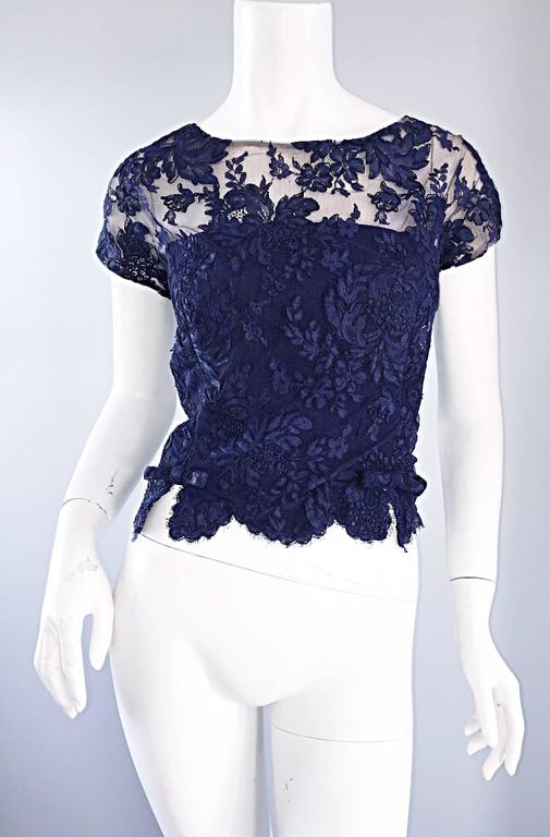 Beautiful 1960s Malcolm Starr Navy Blue Lace Vintage Wiggle Dress & Crop Top For Sale 1