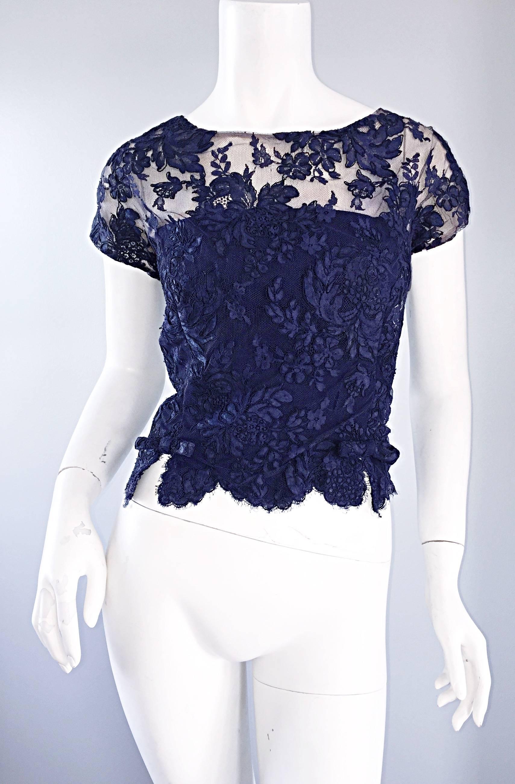 Black Beautiful 1960s Malcolm Starr Navy Blue Lace Vintage Wiggle Dress & Crop Top For Sale