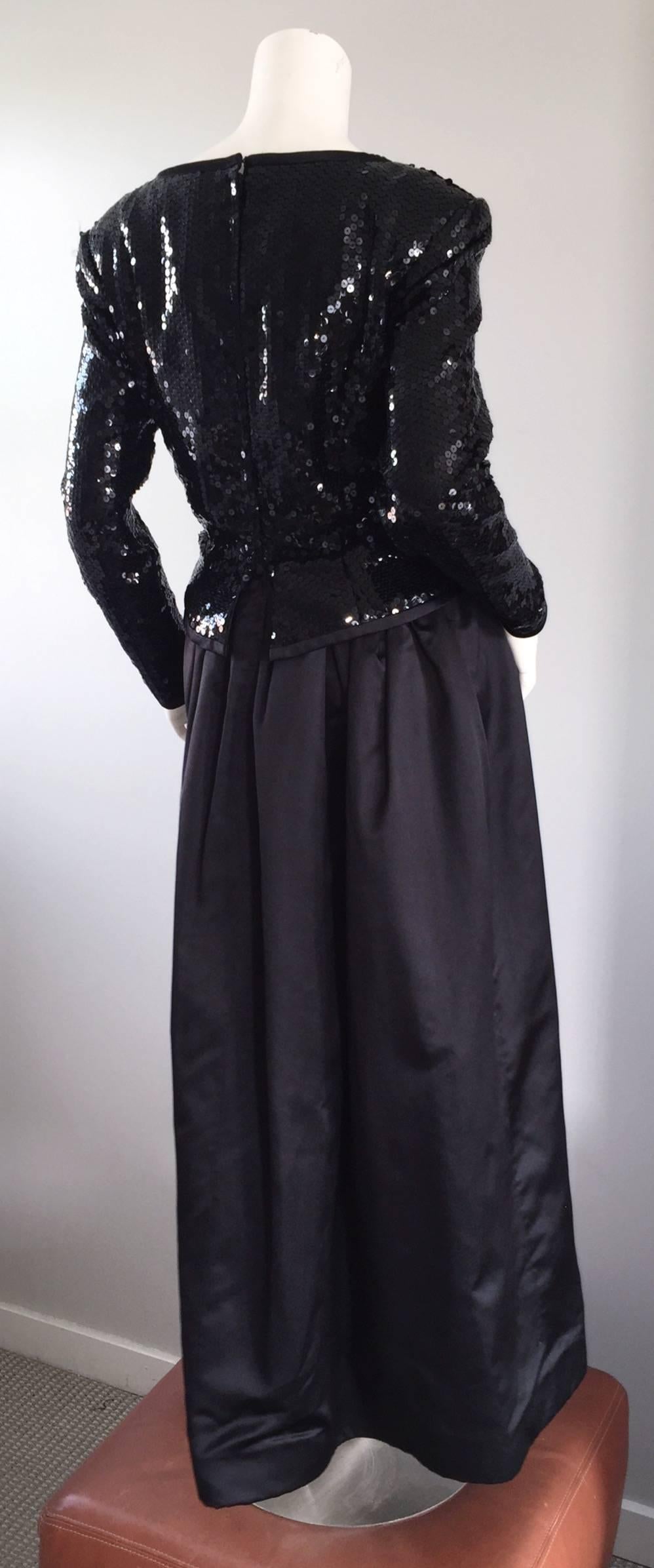 Women's Travilla Vintage Black Sequin Avant Garde Cutout Silk Satin Evening Gown  For Sale
