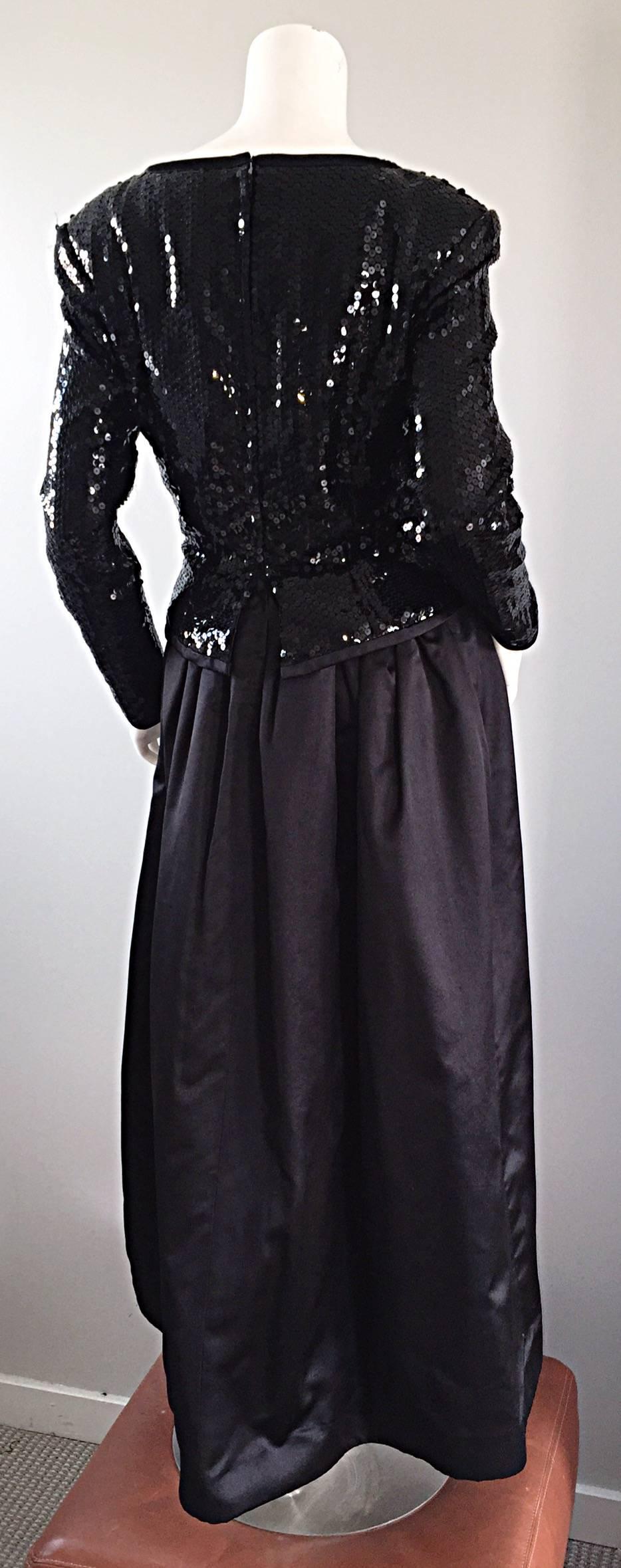 Travilla Vintage Black Sequin Avant Garde Cutout Silk Satin Evening Gown For Sale 2