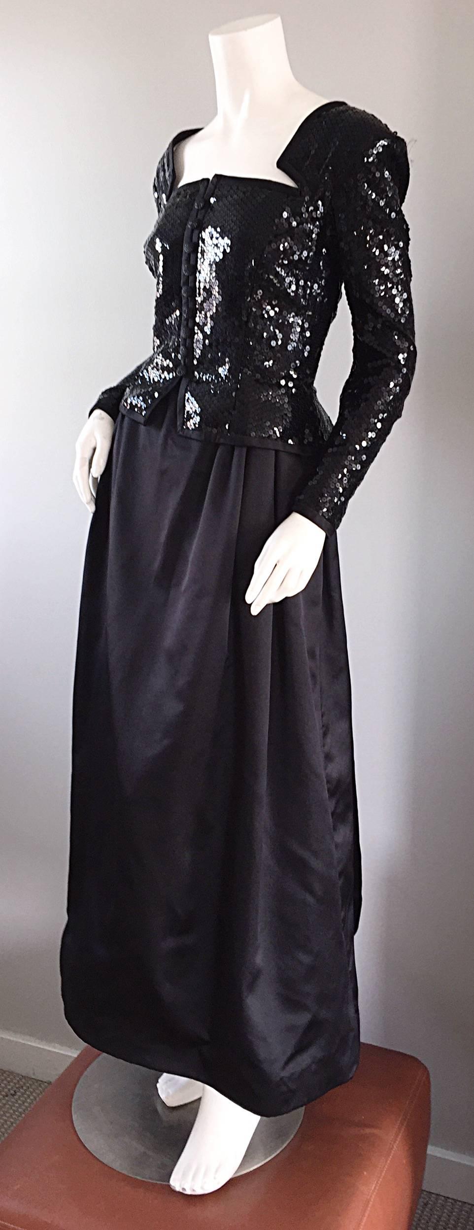 Travilla Vintage Black Sequin Avant Garde Cutout Silk Satin Evening Gown  In Excellent Condition For Sale In San Diego, CA