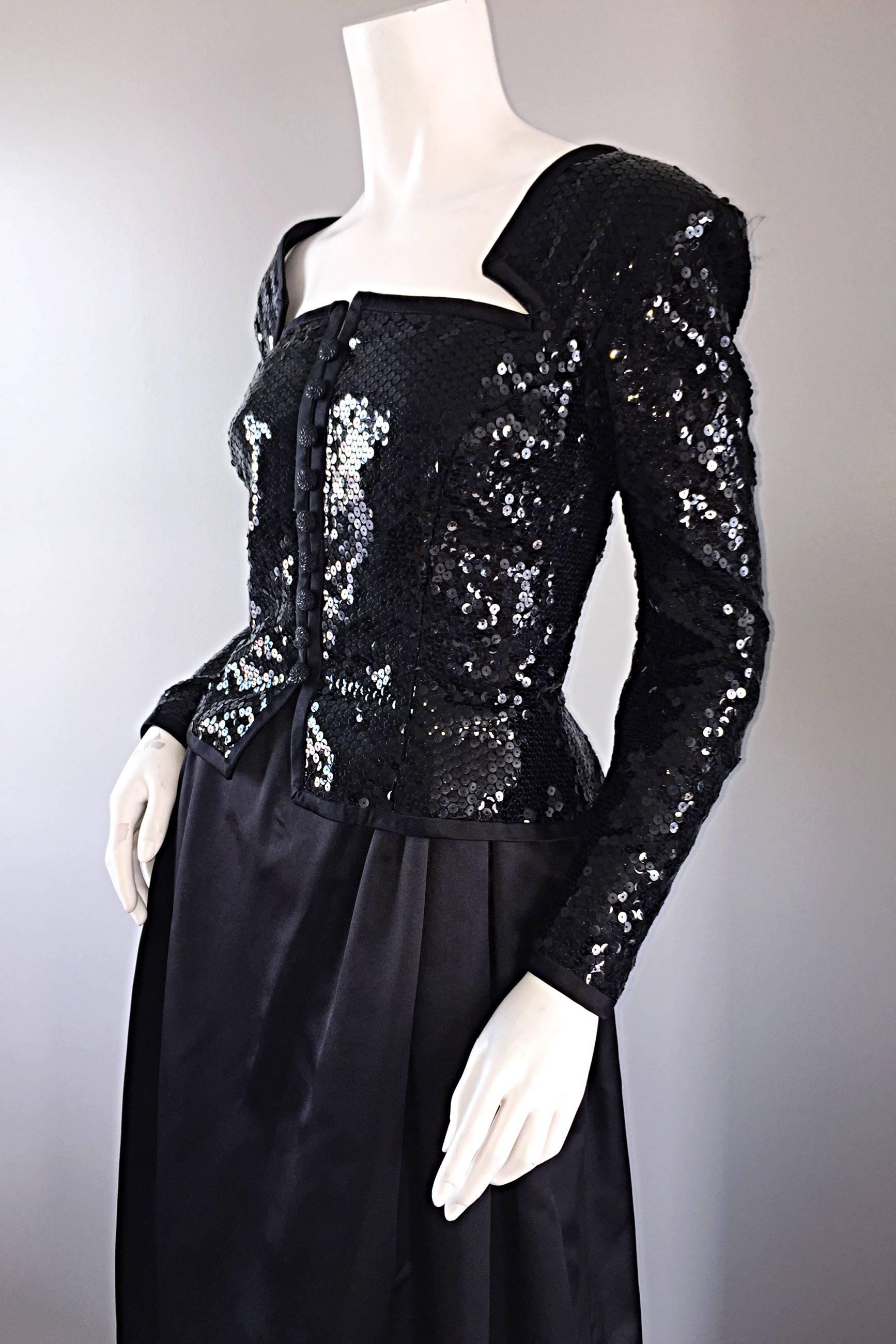 Travilla Vintage Black Sequin Avant Garde Cutout Silk Satin Evening ...