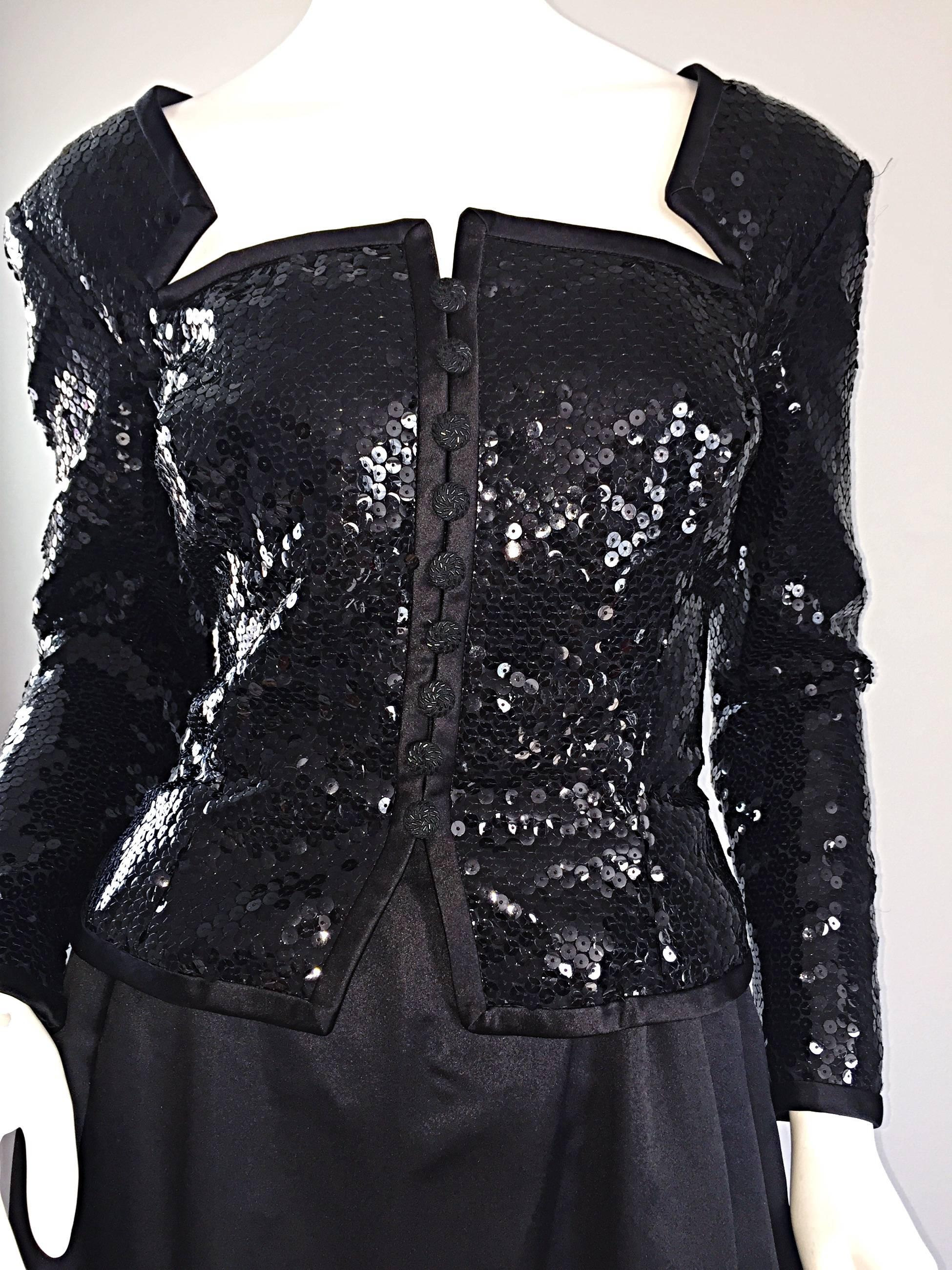 Travilla Vintage Black Sequin Avant Garde Cutout Silk Satin Evening Gown For Sale 3