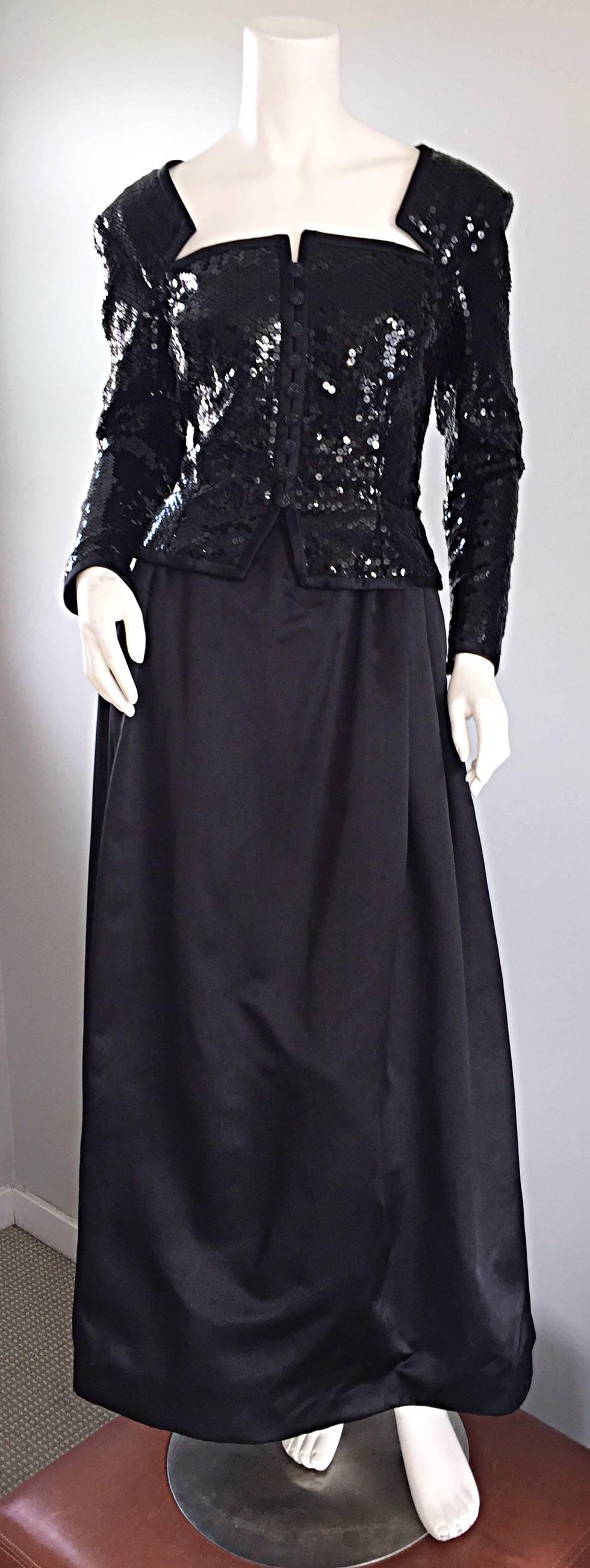 Travilla Vintage Black Sequin Avant Garde Cutout Silk Satin Evening Gown For Sale 4