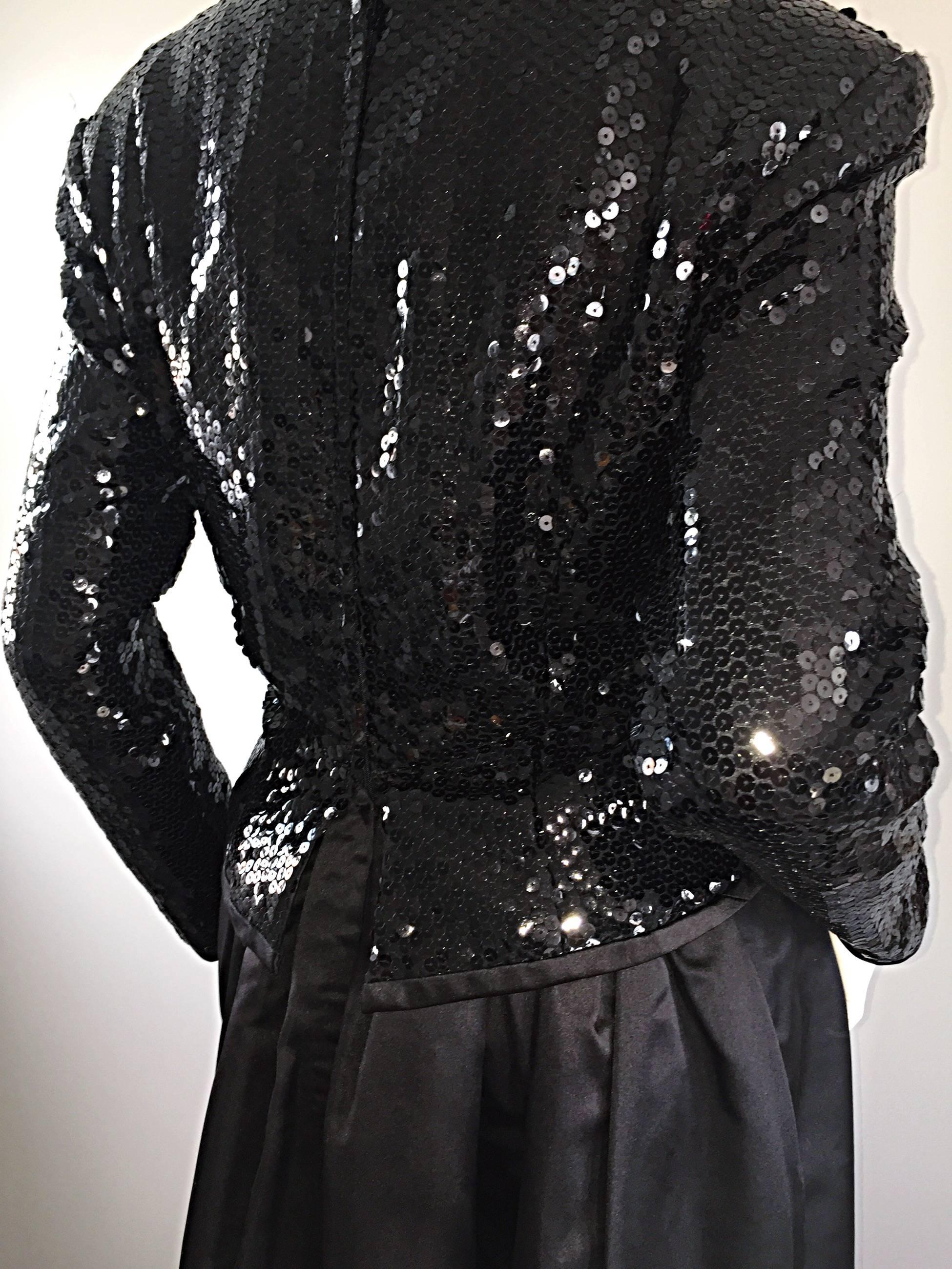 Travilla Vintage Black Sequin Avant Garde Cutout Silk Satin Evening Gown  For Sale 1