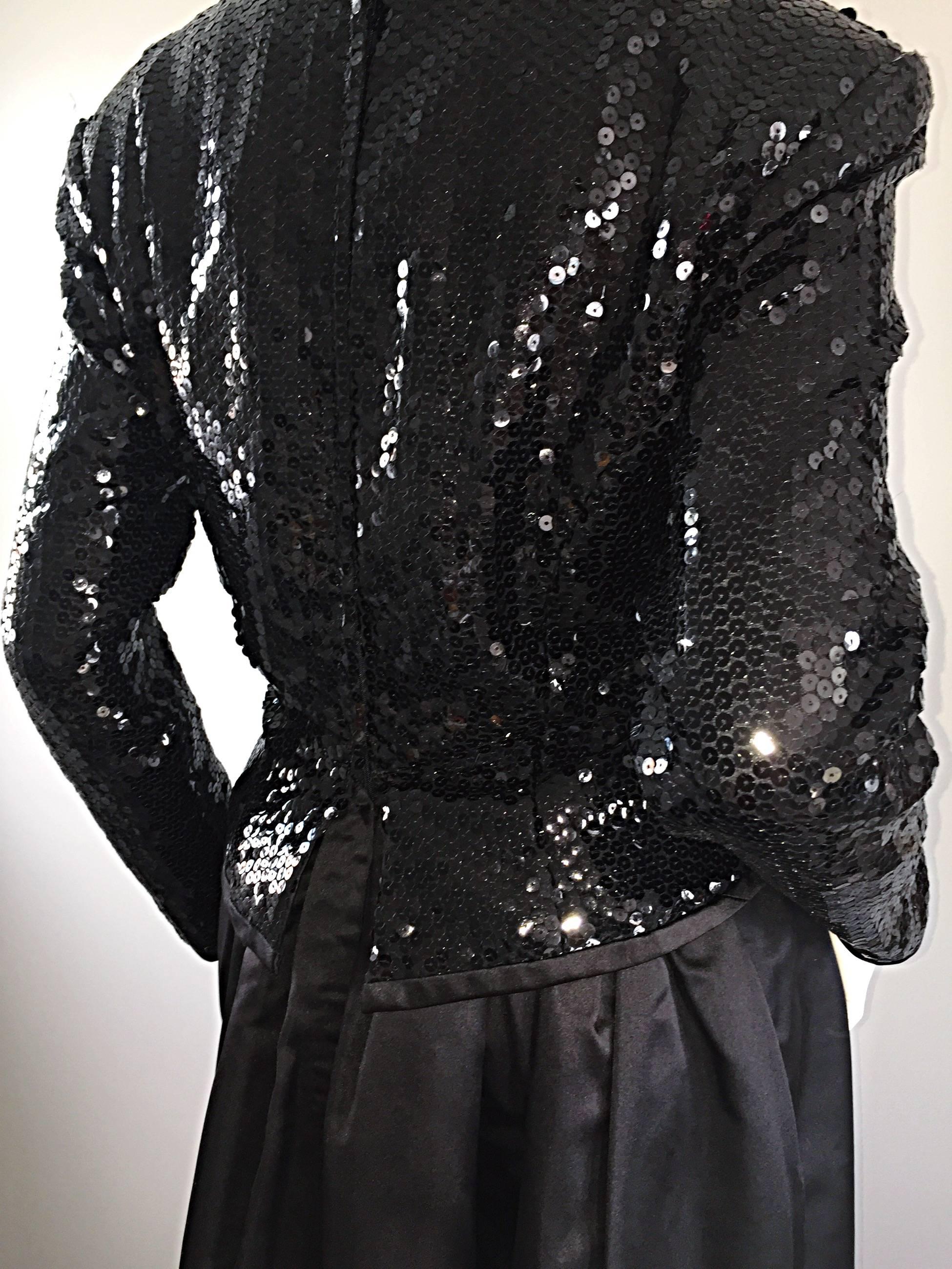 Travilla Vintage Black Sequin Avant Garde Cutout Silk Satin Evening Gown For Sale 1